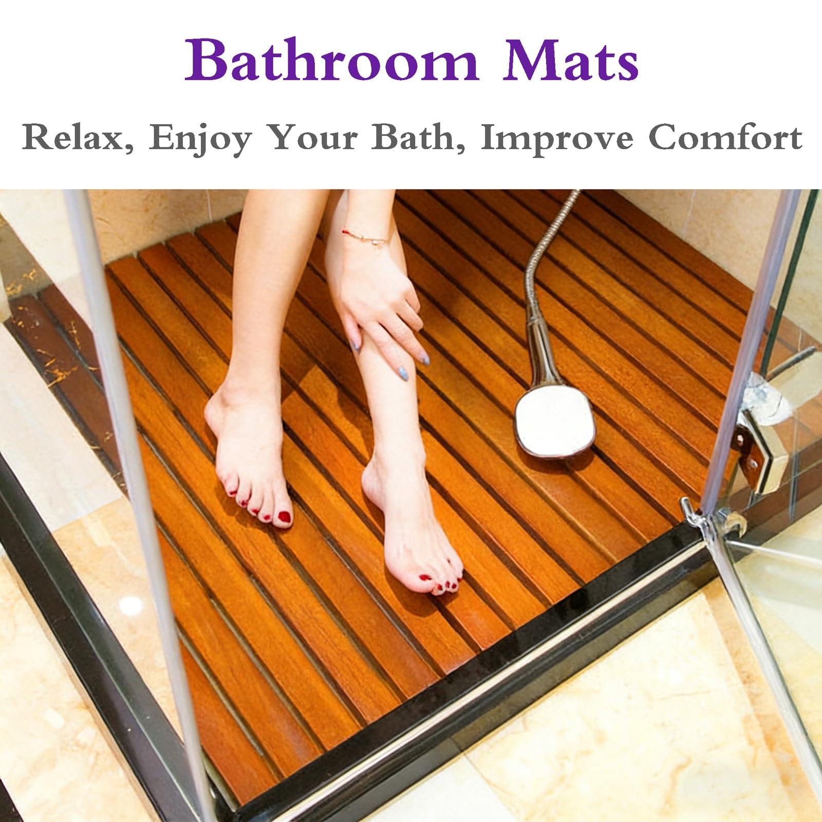 Alfombrilla de ducha de madera, diseño de listones naturales con agujeros de drenaje y asa, ideal para bañera, piscina y baño
