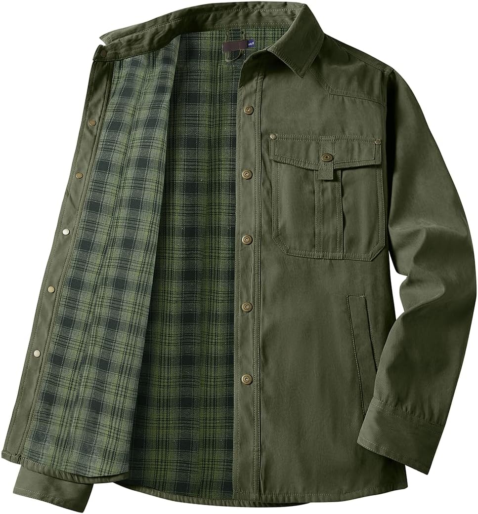 Haellun Men's Flannel Lined Shacket Long Sleeve Plaid Western Cowboy Snap Button Down Shirts Jackets with Pockets