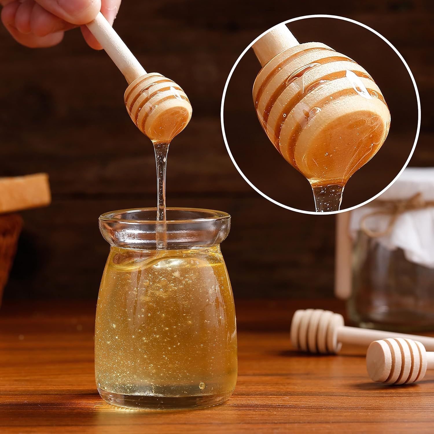 ZAEGO Wooden Honey Dipper Sticks - Beautifully Designed Handicraft Spoon Pack of 6 pcs Wrapped Perfect for Wedding Shower Party Server Jar Dispenser Spoon. 1