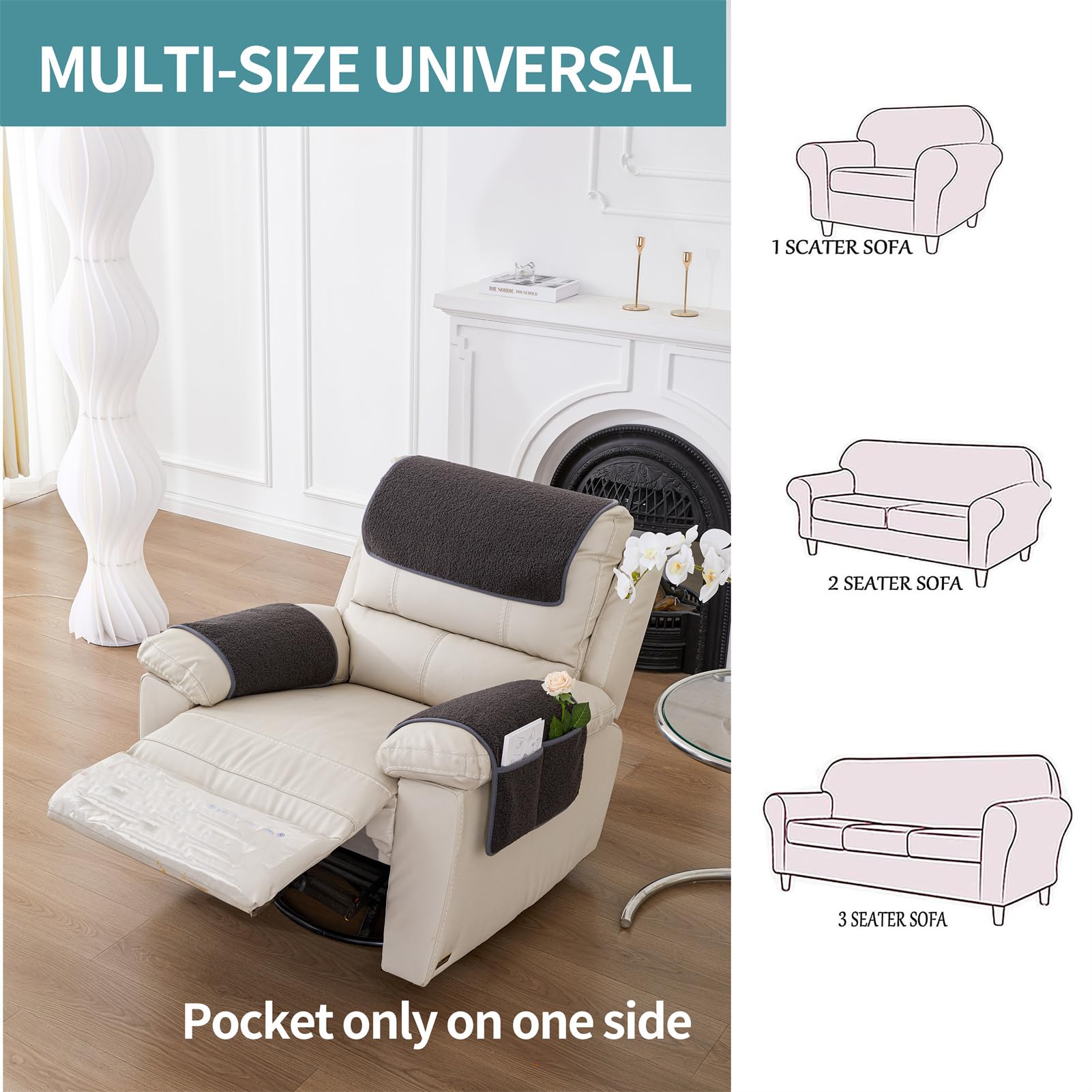 Sofa Armsteun Cover, Fleece Hoofdsteun Cover Antislip Fauteuil Hoes Met Zakken Meubelbeschermer Voor Huisdieren Leren Sofa Bank (2 Seat 4PCS,Black