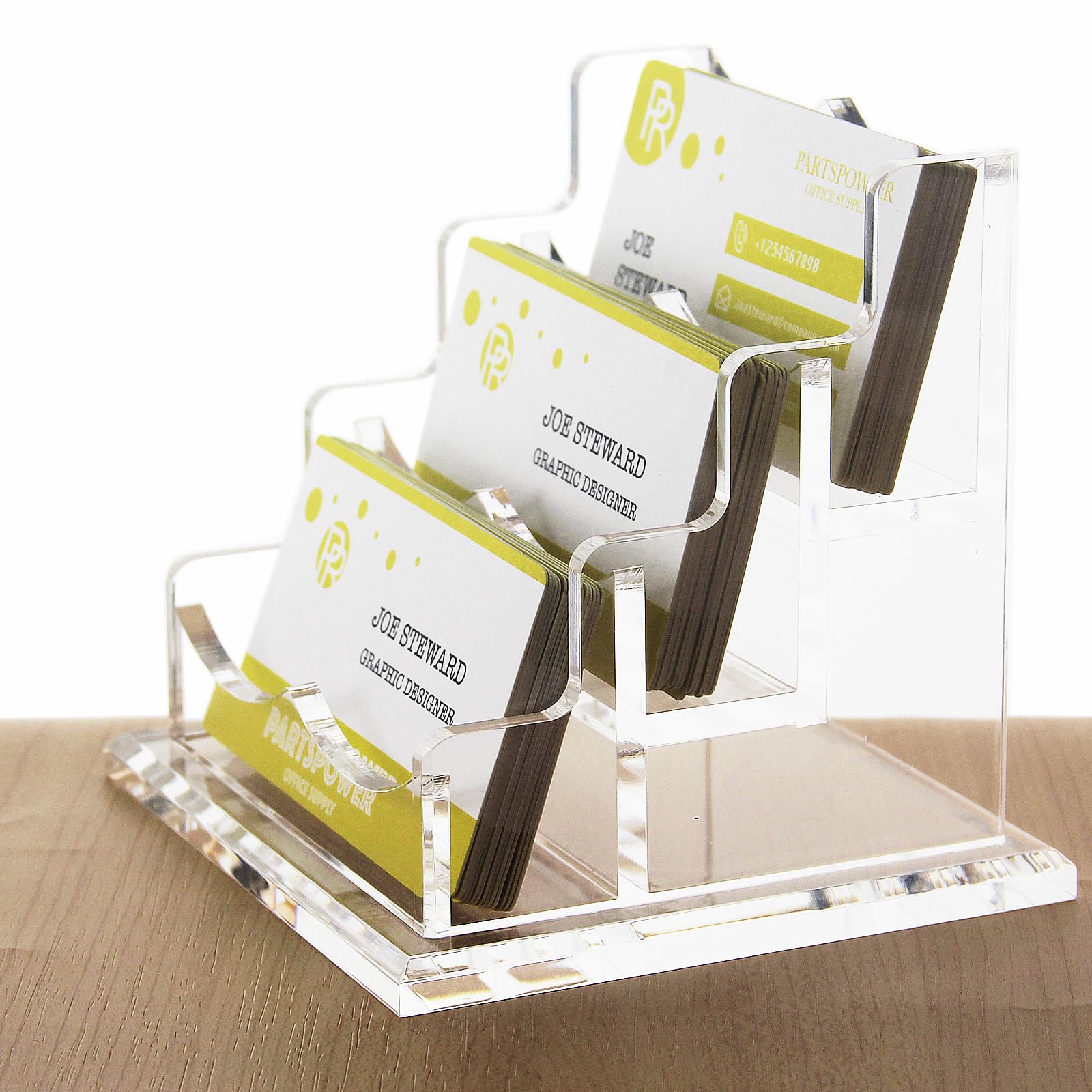PARTSPOWER Acrylic Business Card Holder for Desk, Horizontal Clear Business Name Card Display Stand, Desk Accessory Business Name Card Organizer (