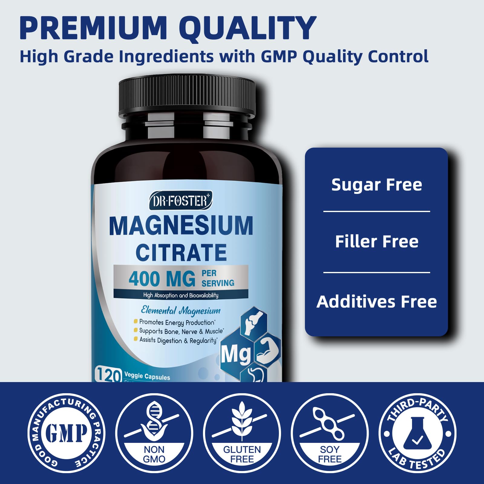 DRFOSTER Magnesium Citrate Capsules - High Absorption Pure Magnesium Supplement 400 mg for Constipation, Sleep, Muscle & Heart Support - Non-GMO 120 Vegan Capsules, 2 Month Supply