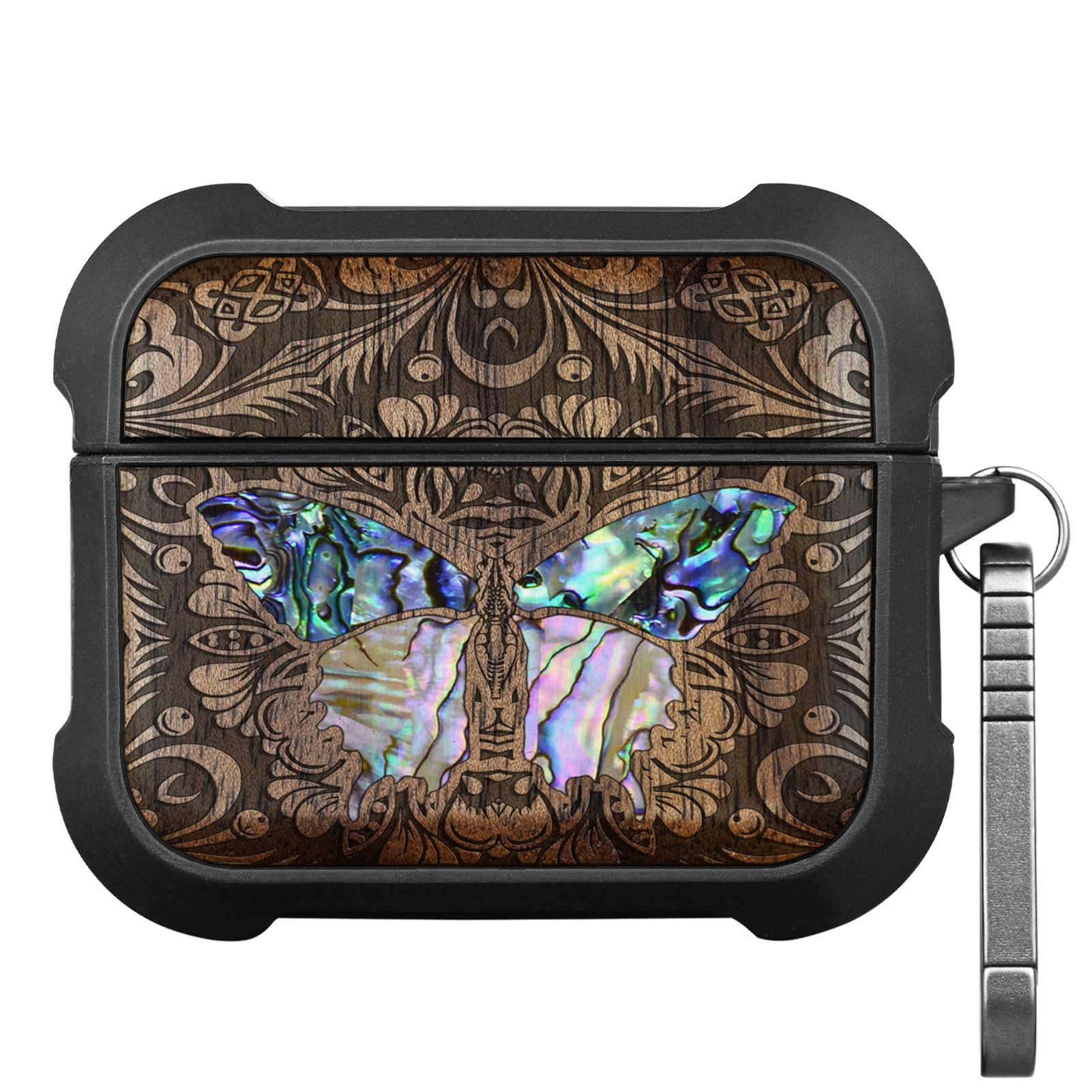 Carveit Etui kompatybilne z AirPods Pro 3 (2025), etui ochronne [grawerunek z drewna i muszla] [tytanowe szybkie zapięcie] do Airpods Pro 3 skóra 2025 etui (motyl z drewna orzechowo-barowego)