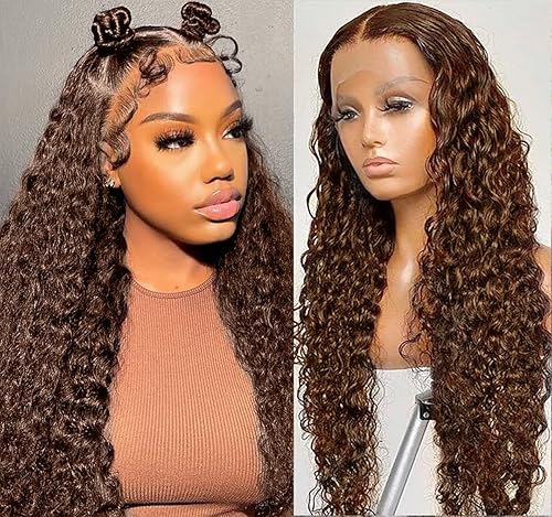 Pelucas de cabello humano brasileño ondulado con encaje frontal transparente de 13 x 4, color marrón chocolate profundo, pelucas de cabello humano