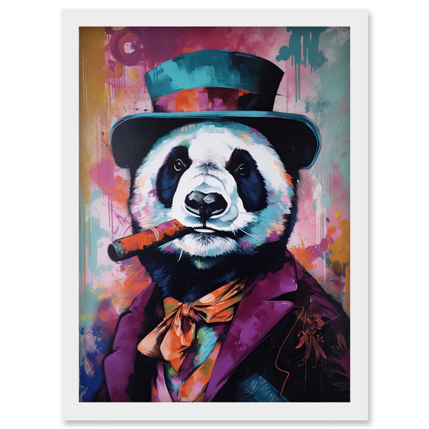 Artery8 Panda Portrait with Purple Suit Top Hat and Cigar Artwork Framed Wall Art Print A4