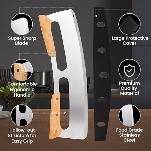 Vista 5 de SCHVUBENR Cortador de pizza de 14 pulgadas con tapa grande, cortador de pizza de acero inoxidable afilado con asas de madera, rueda de cortador