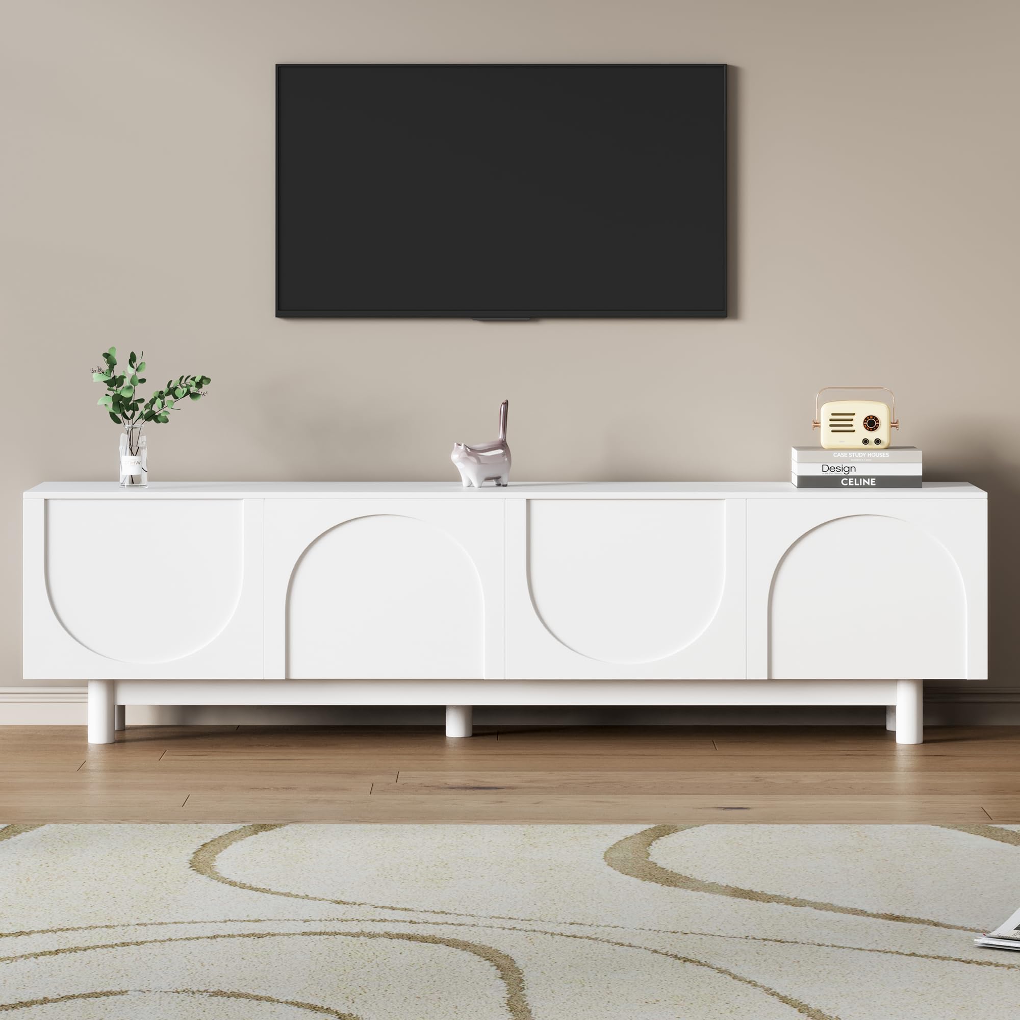LUMISOL Modern TV Stand for 80"+ TV, 70" Wood TV Console with Arched Doors, Cream Style Entertainment Center with 2 Storage Cabinets, Adjustable Shelf