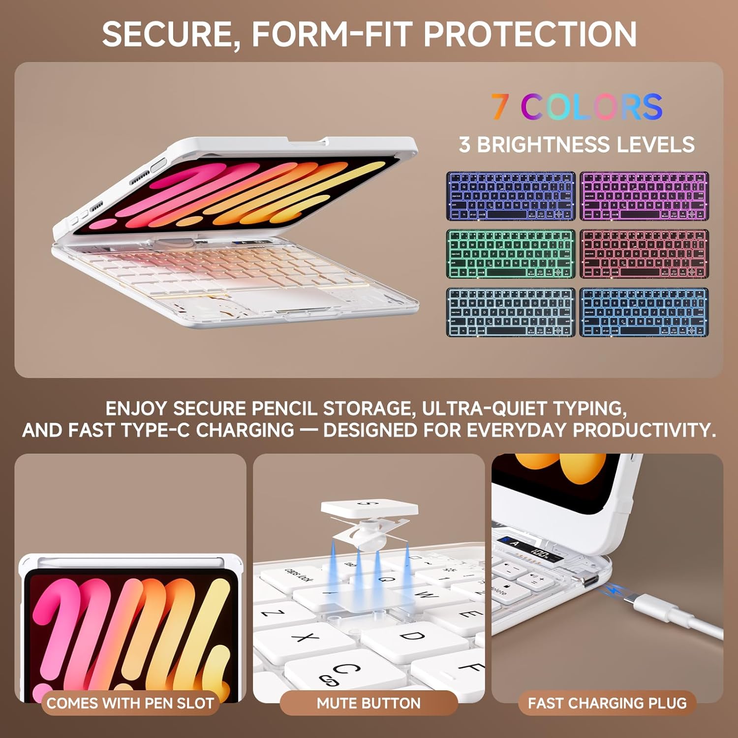 Transparent Case with Keyboard for iPad mini 7 A17 Pro(2024) & Mini 6 (2021) 8.3",7-Color Backlit,Wireless Keyboard, 360°Rotating,with trackpad,Pencil Holder,with Shortcuts,White