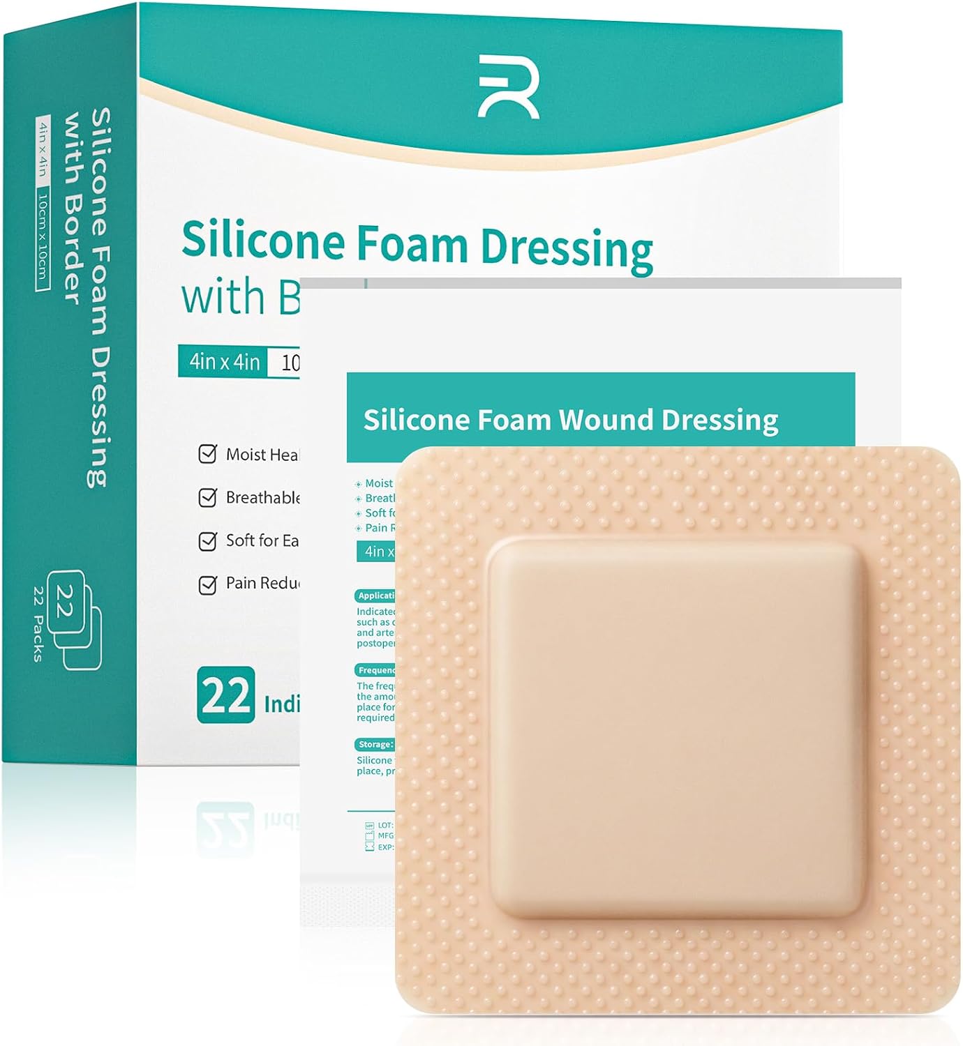 Silicone Foam Dressing with Gentle Border, 4''x4'', 22 Pack Waterproof Silicone Bandages for Wound Care, High Absorbent Self Adhesive Bed Sore Patches