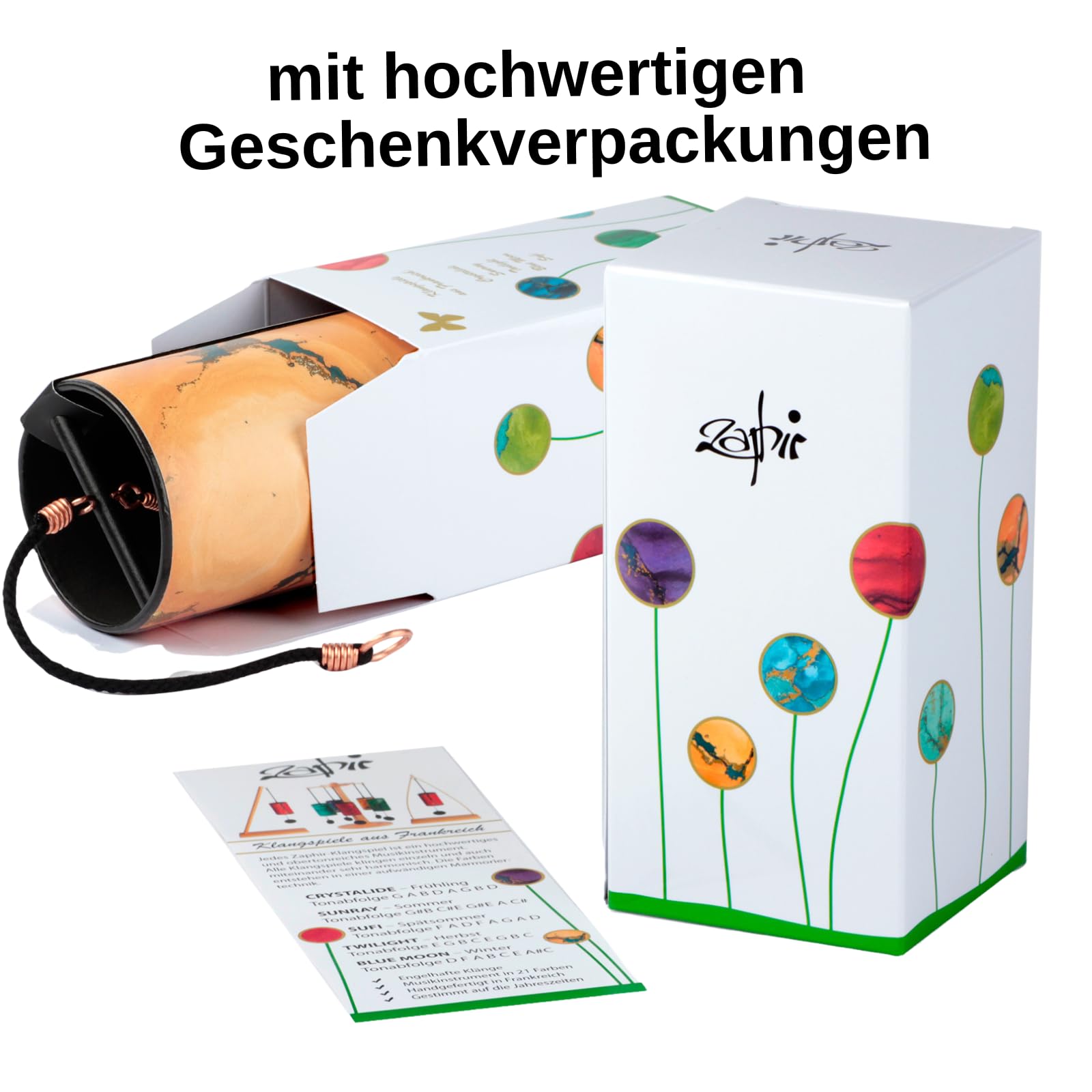 Zaphir Klangspiel 5er Set mit Geschenkverpackung | Freie Auswahl | Windspiel Geschenk | Chimes für Yoga, Kinder und Meditation in Grün - Crystalide, Sufi, Twilight, Sunnray [5 Stück]