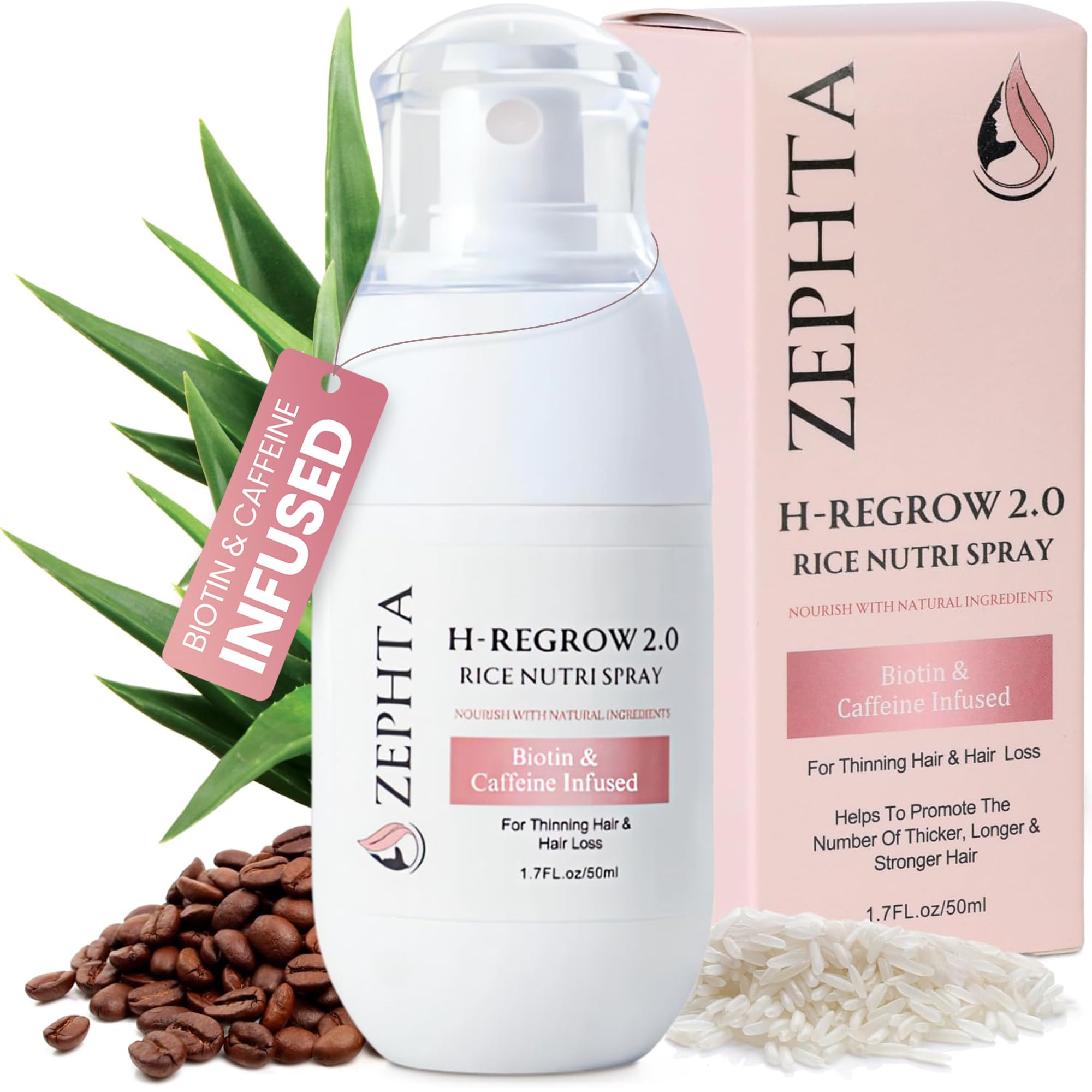 Zephta H-Regrow Hair Growth Spray – With Rice Water, Biotin, Aloe Vera, Caffeine, and Ginger – Hair Growth Product for Men and Women – For Thinning Scalp