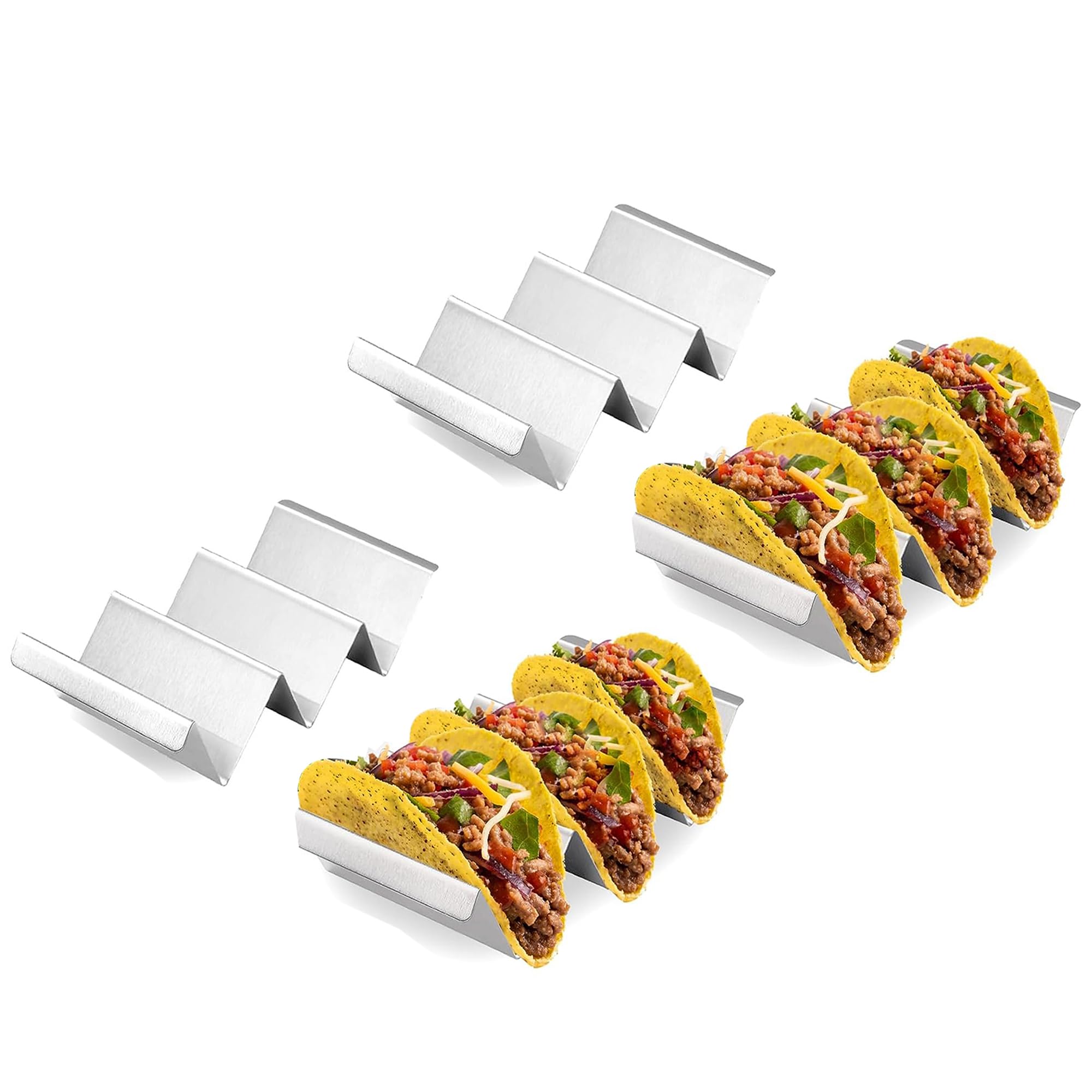Homava Stainless Steel Taco Holder Stand, 4 Packs - Stylish Rack Holds Up to 3 Tacos Each, Keeping Shells Upright - Oven, Grill and Dishwasher Safe | Silver