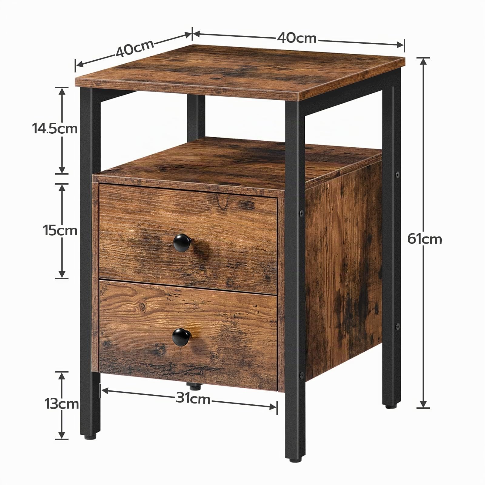 HOOBRO Comodino, Tavolino, con 2 Cassetti e 2 Ripiani Portaoggetti, Stile Industriale Vintage, Tavolino Accanto a Divano, Montaggio Facile, per Soggiorno e Camera da Letto, Marrone Vintage EBF43BZ01