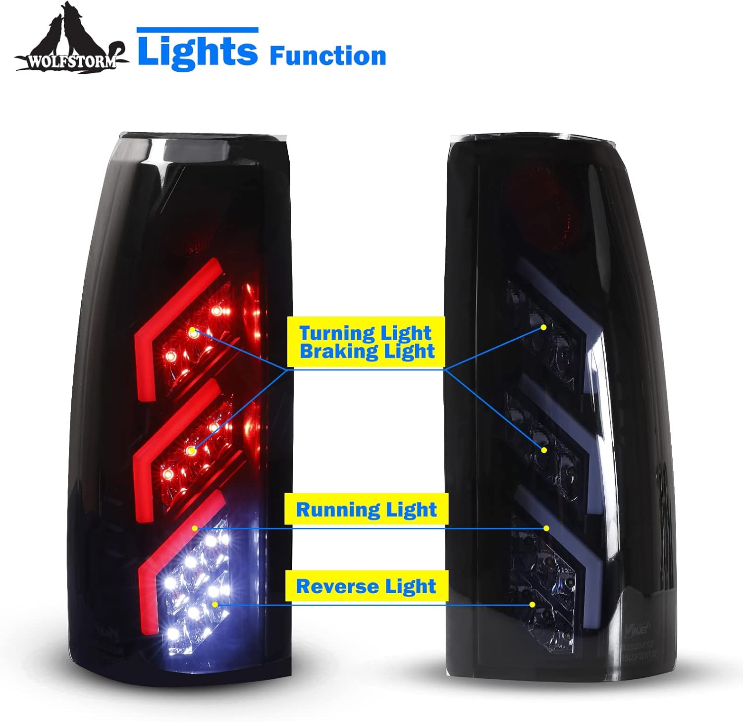 WOLFSTORM LED Tail Lights Compatible for 1992-1999 Chevy Suburban,1988-1999 GMC K/C(1500/2500/3500)/1992-1999 GMC Yukon,1992-1994 Chevy Blazer,Smoke Lens
