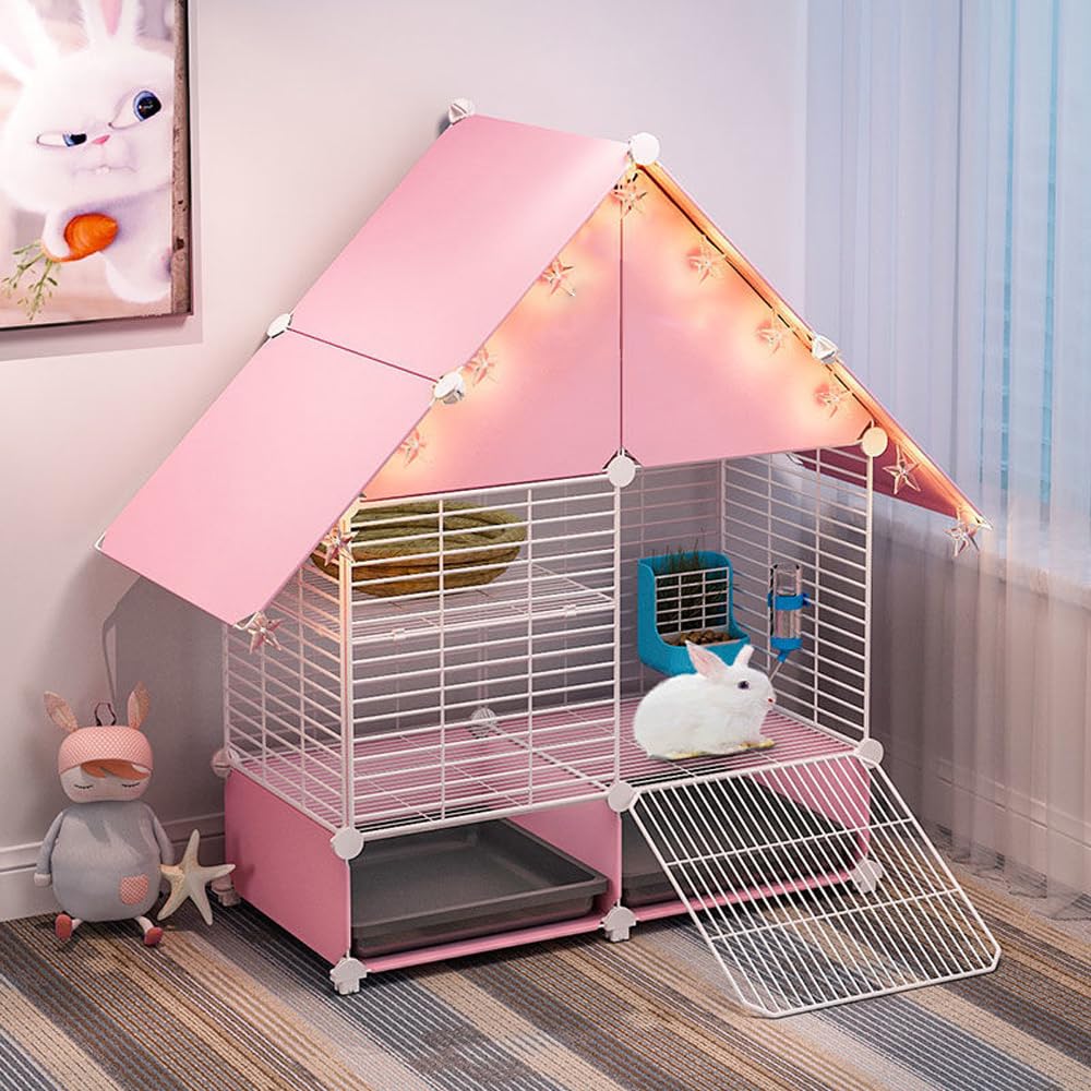 Choowin 2-Story Small Rabbit Cage Bunny Hutch Guinea Pig Cage Small Animals House, Metal Wire Netting Villa with Pull-Out Tray, Indoor Habitat for