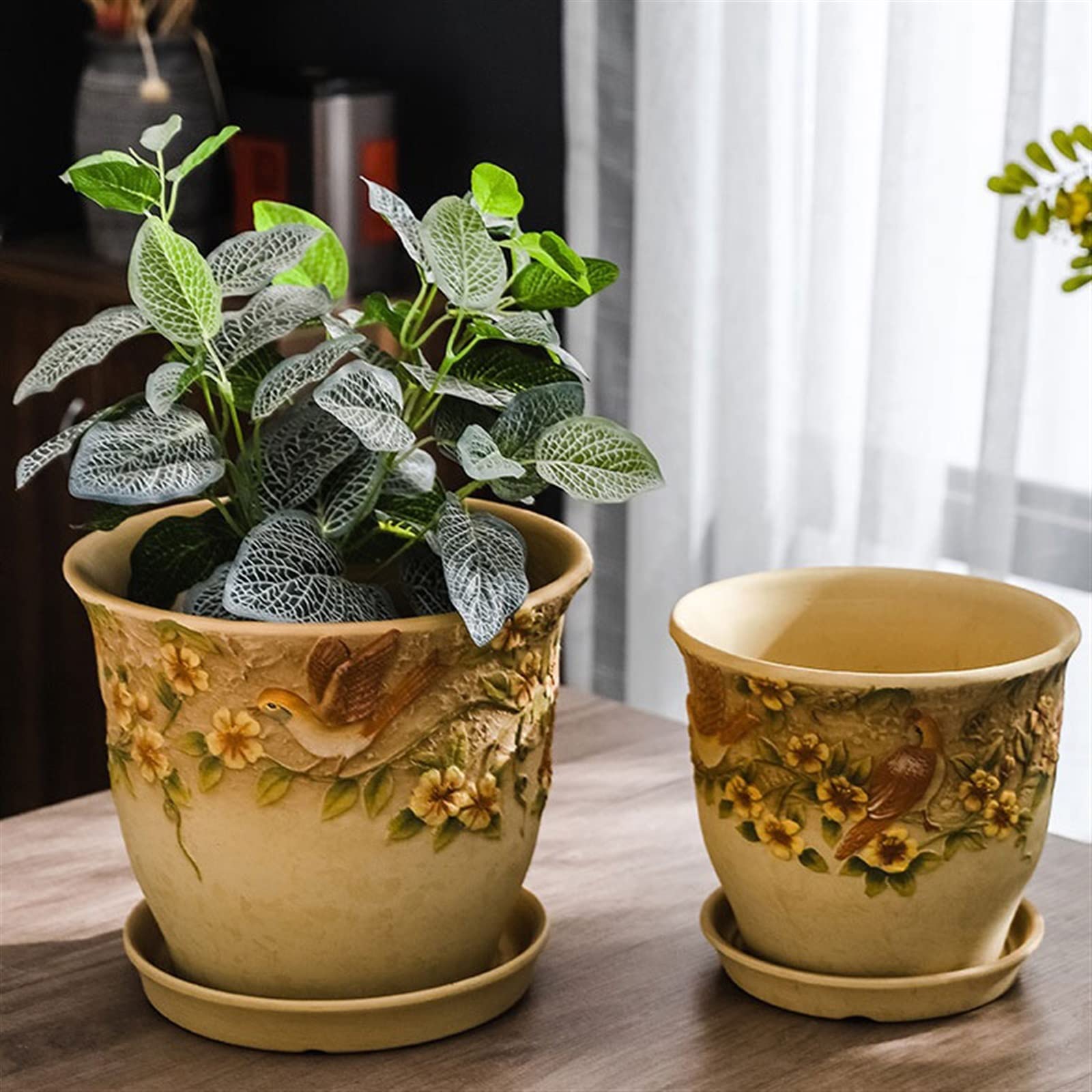 Doniczka kwiatowa Ceramiczna doniczka z tacą kreatywna ulga ręcznie malowana doniczka w stylu retro duża doniczka z otworem spustowym taca Doniczki na Rośliny (Size : XL)