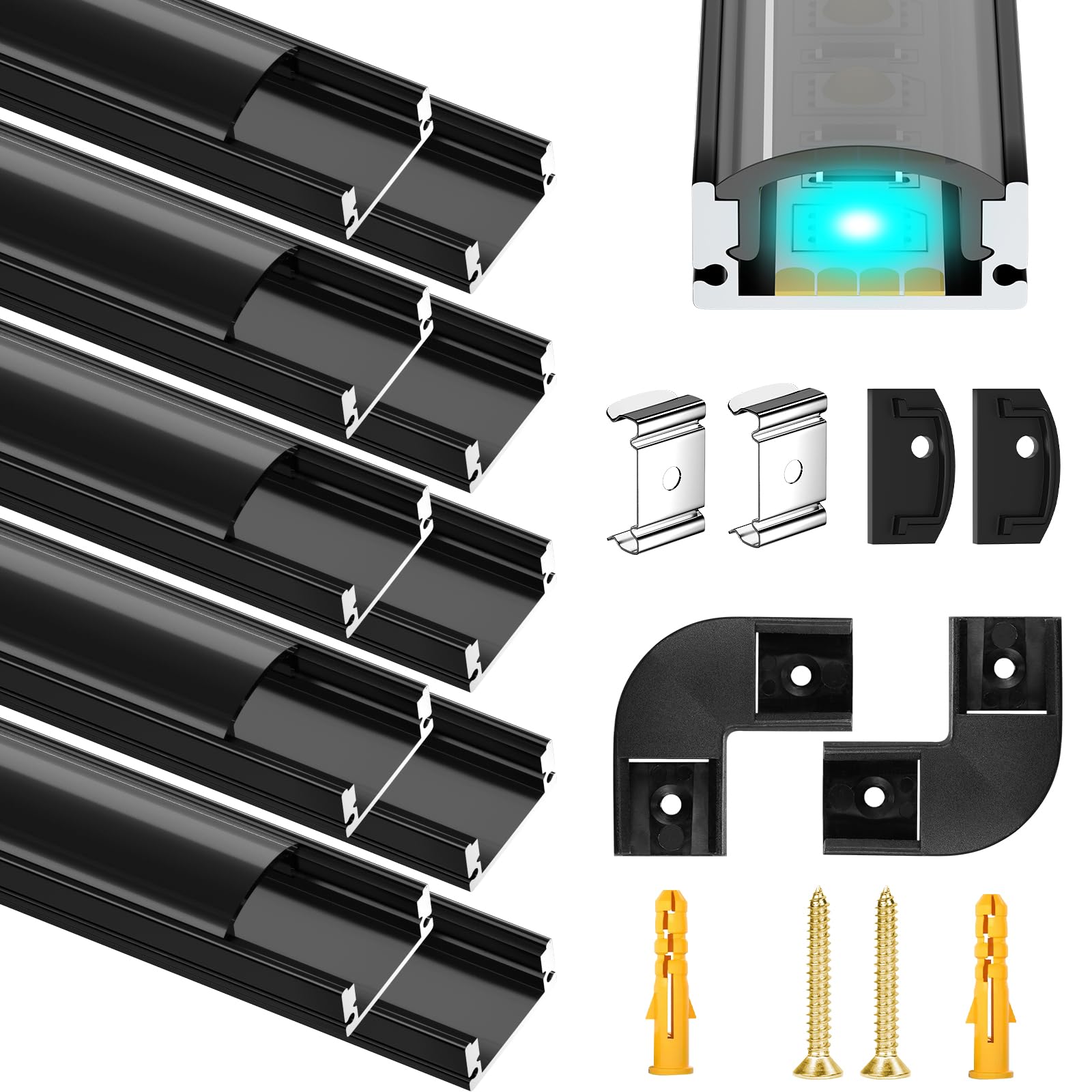 LED Aluminium Profil 12 x 1m Schwarz Abdeckung Endkappen Montageklammer für LED-Streifen