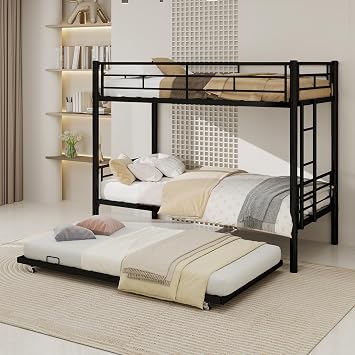 Bunk Bed Twin Over Twin with Trundle, Heavy Duty Metal Bed Frame with Safety Guardrail, Sturdy Twin Bunk Beds for 3 Kids, Teens & Adults, No Box Spring Needed, Black