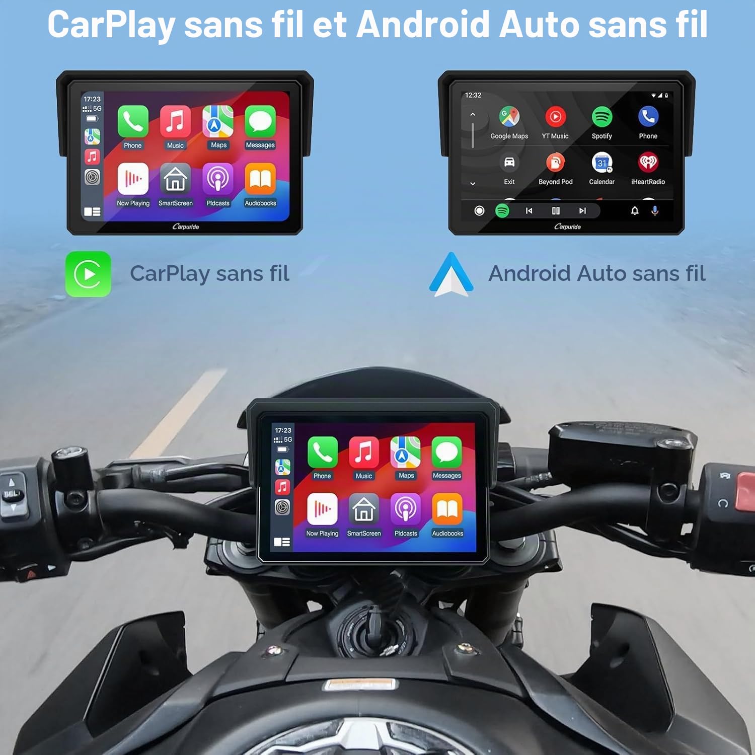 Carpuride W502 Écran Moto 5" GPS avec CarPlay sans Fil & Android Auto - Écran Tactile IPS Étanche IP67, Double Bluetooth, Navigation GPS, Siri,Béquille Moto réglable en Forme de U