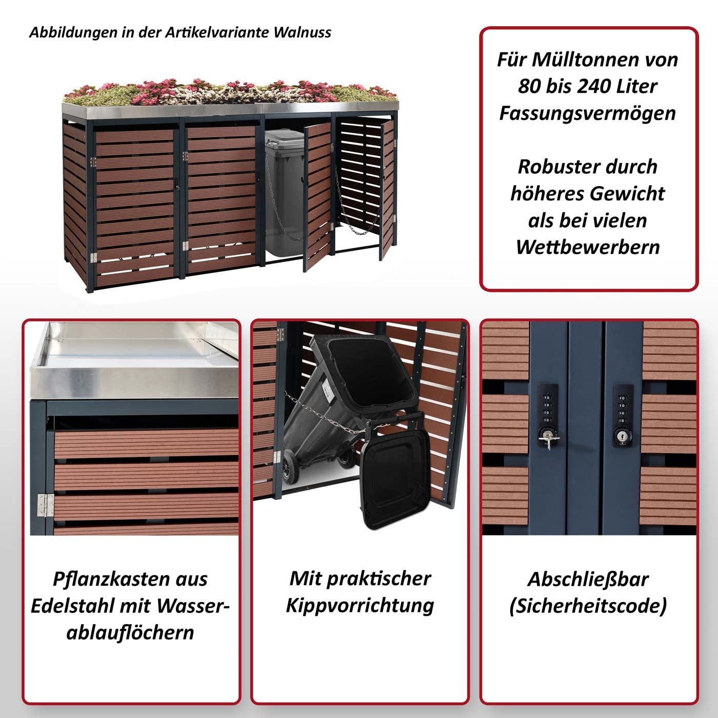 4x copribidoni box spazzatura rifiuti con fioriera HWC-K14 84x265x124cm metallo WPC marrone