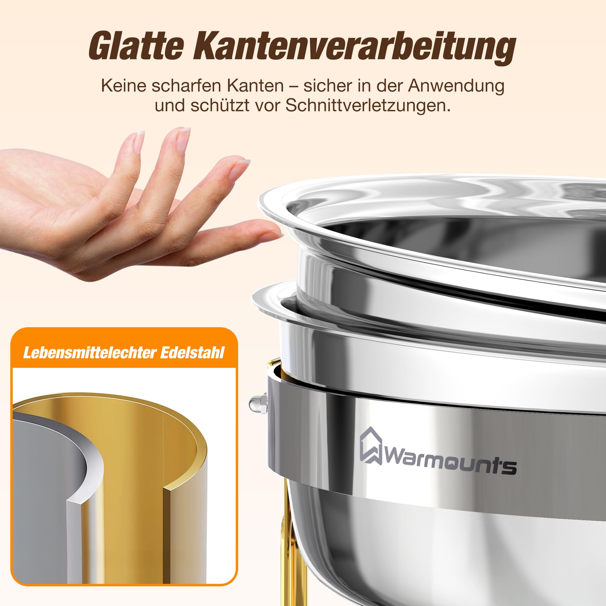 WARMOUNTS 6L Chafing Dish 4er Set Silber & Gold, Runder Speisenwärmer Edelstahl mit Glasdeckel, Stapelbarer Warmhaltebehälter Buffet Rechaud mit Deckelhalter für Gastronomie, Party, Hochzeit