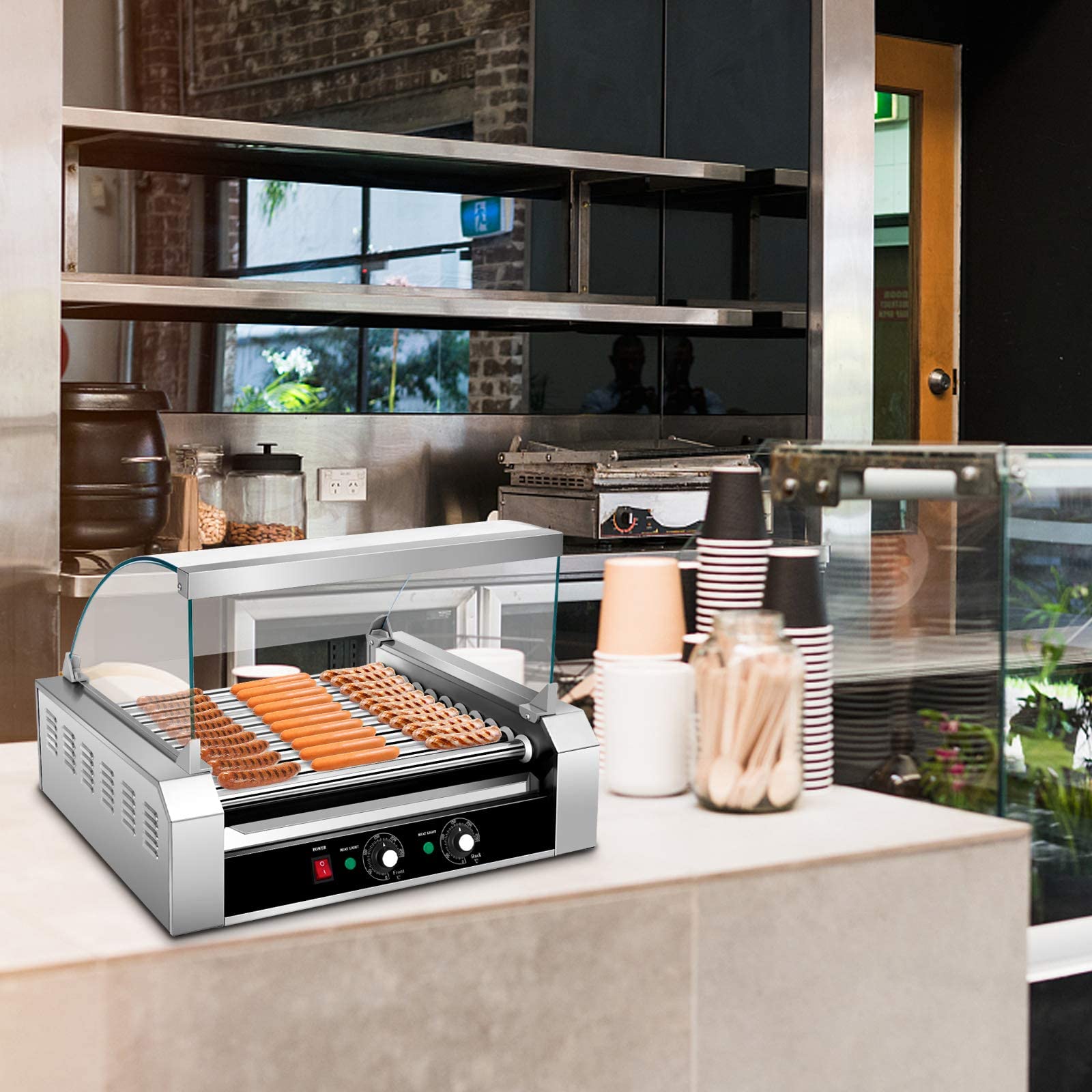 Hot Dog Roller Sausage Grill Cooker 30 Hot Dog Capacidad Hot Dog Cooker Máquina de Hot Dog de Acero Inoxidable con Doble Control de Temperatura Bandeja de Goteo Desmontable