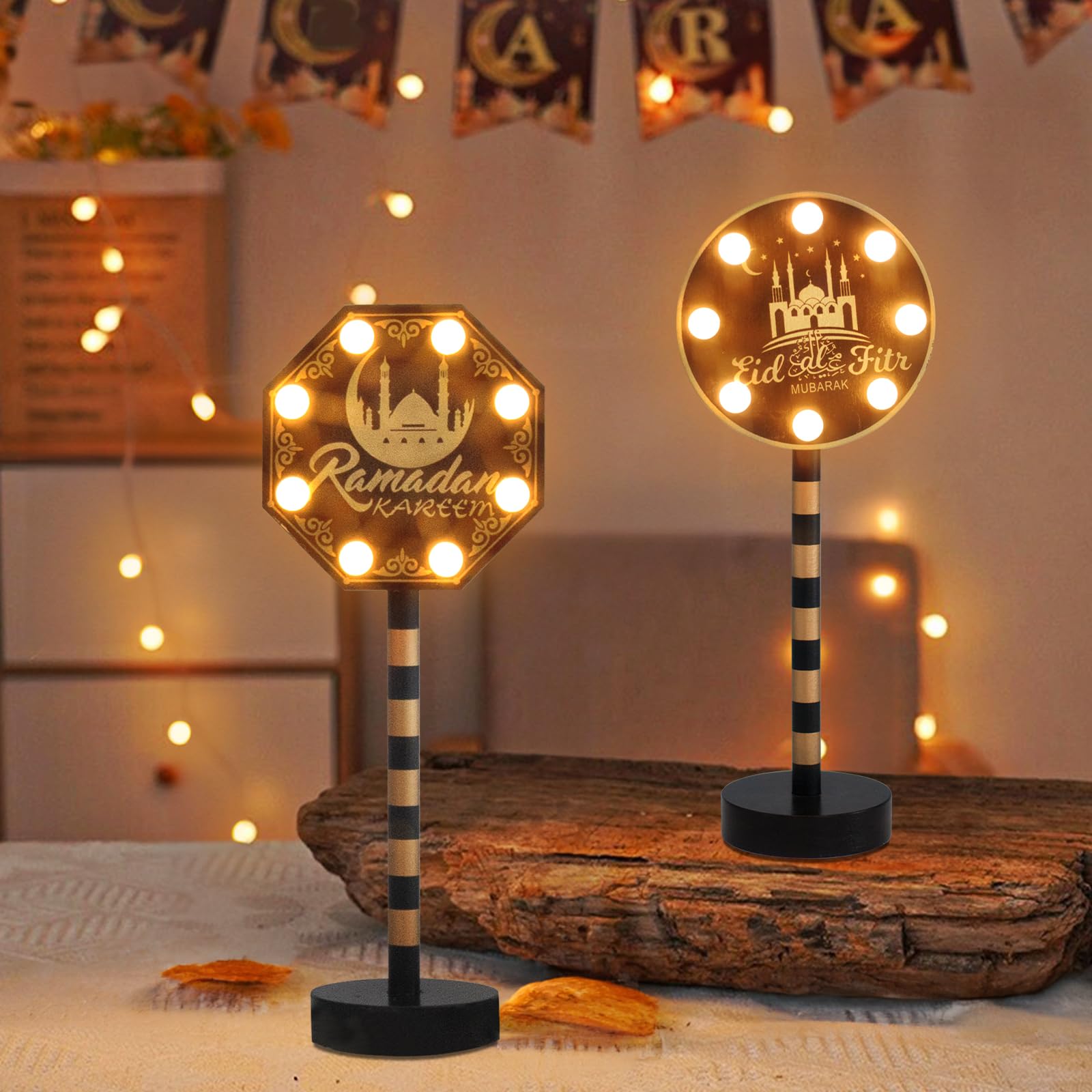 Vanthylit 2 Pack Ramadan Decorations for Home, Wooden Ramadan Mubarak Table Centerpiece Lights, Eid Mubarak Crafts Night Light Battery Powered Islamic Muslim Gifts for Party Desk Decor