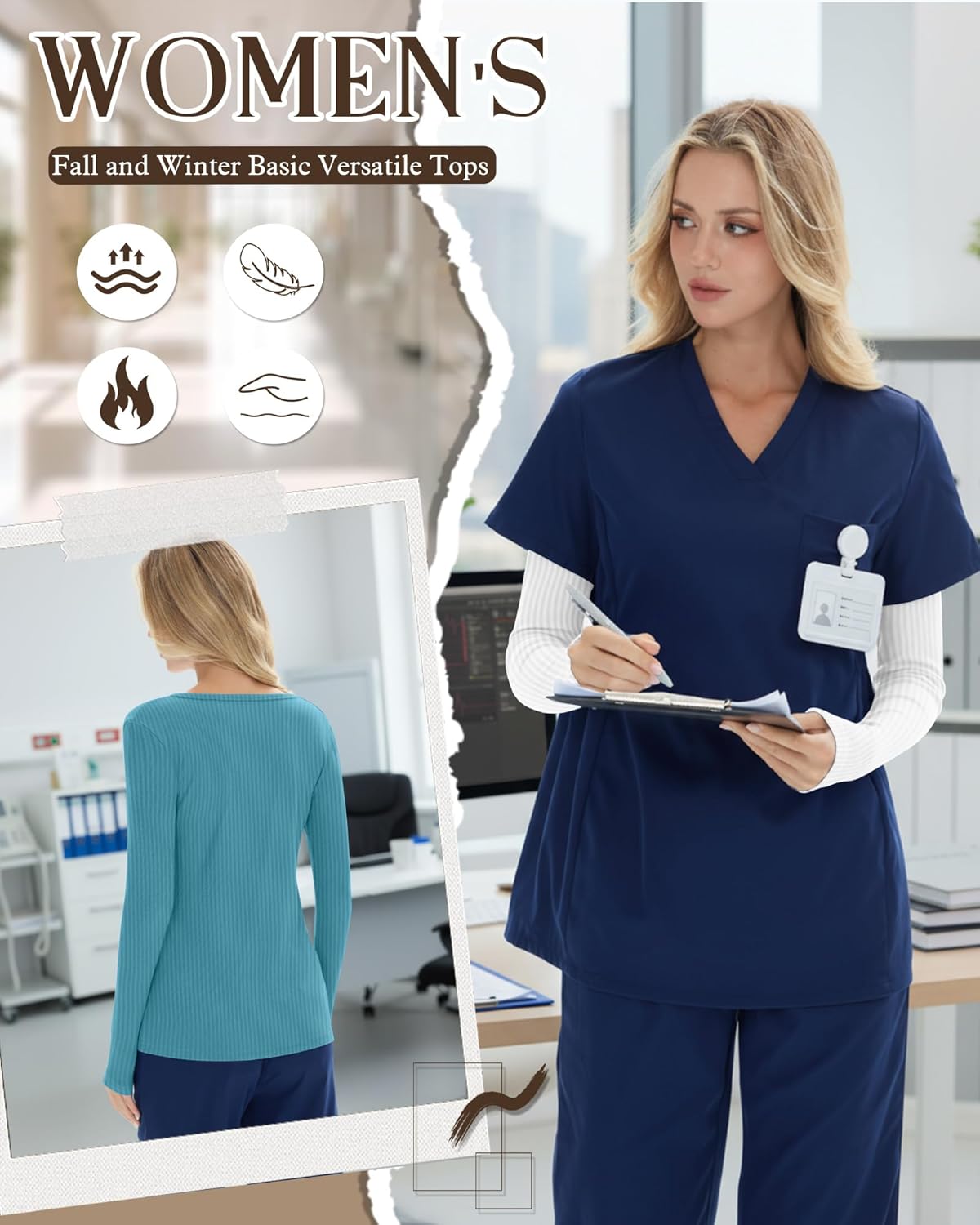 4 Pack Women’s Underscrub Shirts, Ribbed Cotton Scrub Tops Long Sleeve Scoop Neck Tees Slim Fit Basic Layer Shirts - Image 4