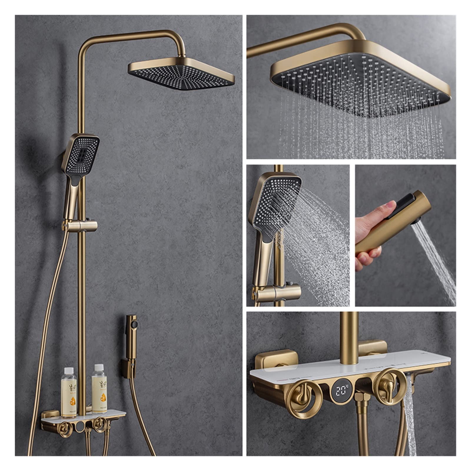 Soywim Brushed Gold Shower System, Black Grey Thermostatic Digital Display Shower Faucet 4-Way Mixer Rain Waterfall System Bidet Temp(Brushed Gold)