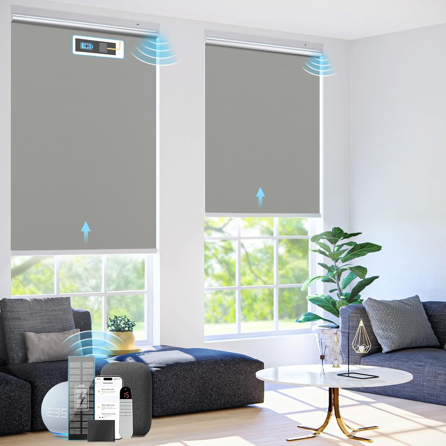 Motorized Roller Blinds with Remote Control & Solar Panel - 100% Blackout Smart Blinds, Automatic, Cordless, Electric Shades - Compatible with Alexa - Grey, 24" W x 72" H B-grey 24"W x 72"H
