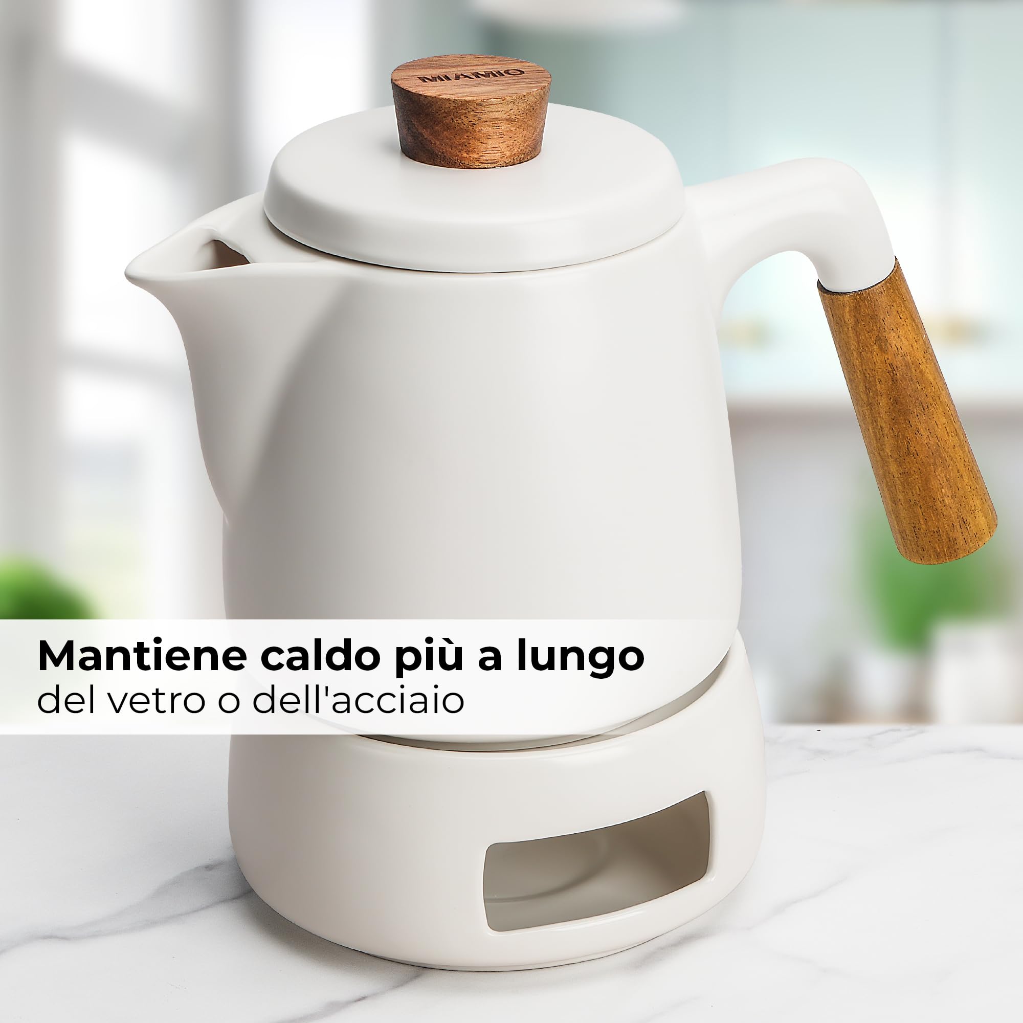 MIAMIO - Set di teiere con scaldavivande/Bollitore da 1L / 1000 ml con infusore per la macerazione di foglie di tè sfuso - Regalo per donne/amanti del tè (bianco)