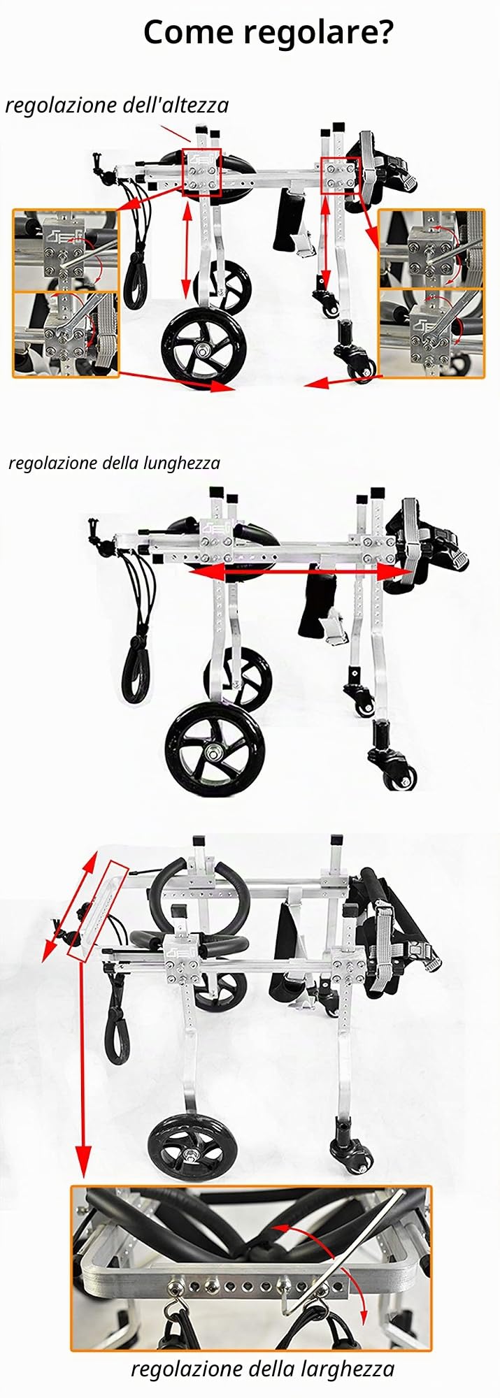 Carrello Regolabile per la Riabilitazione delle Zampa Anteriore/Zampe Posteriori di Cani e Gatto, Imbracatura Cane Supporto per Cane Anziani/Feriti Disabili, 4 Ruote, Dog Wheelchair, 1~6KG