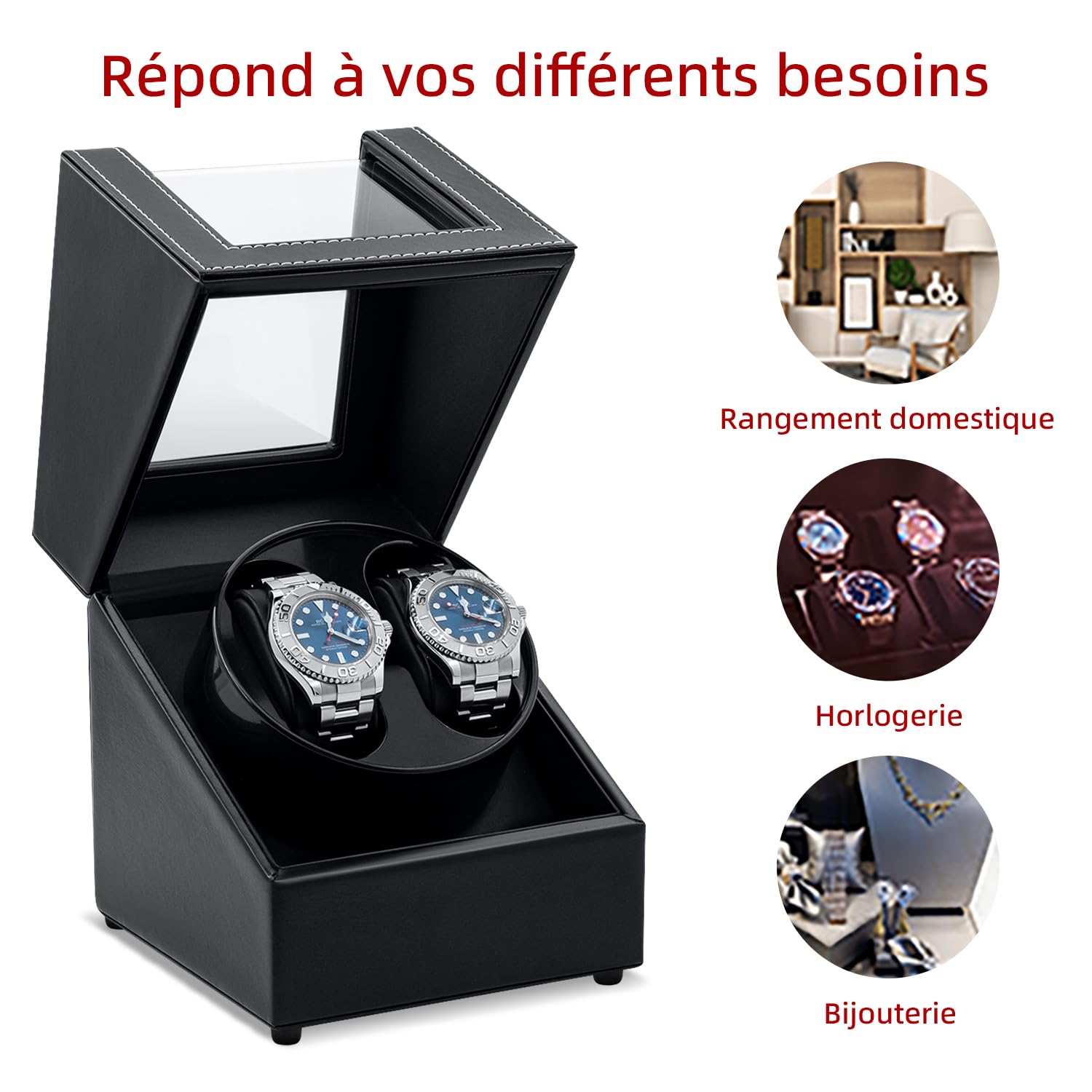 Mcbazel Remontoir Montre Automatique Cuir Boîte de Remontoir à Double Montre, Chargeant le Double Ecrins pour Automatiques d'unité Rotative à Double Silencieux 2 Mode Rotation Boîte à Montre Remontoir
