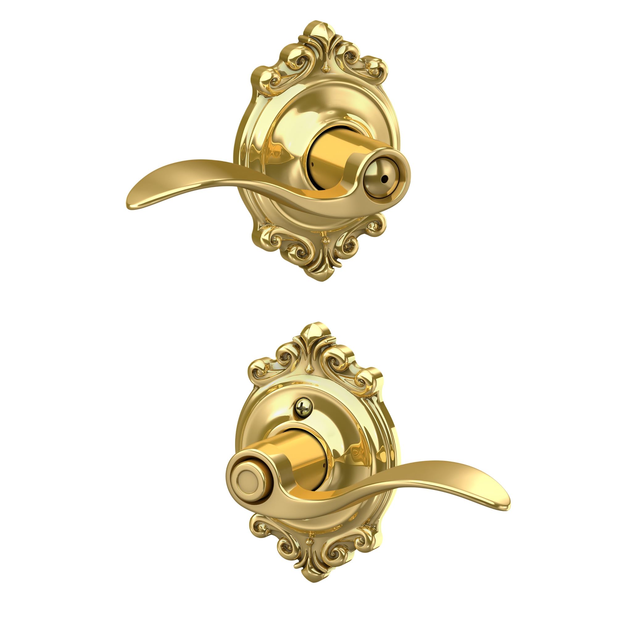 Schlage Accent Bed/Bath Privacy Door Handle with Lock, Bright Brass | Interior bedroom or bathroom door lever with push button lock, Reversible, Easy install, Certified durability, Universal fit