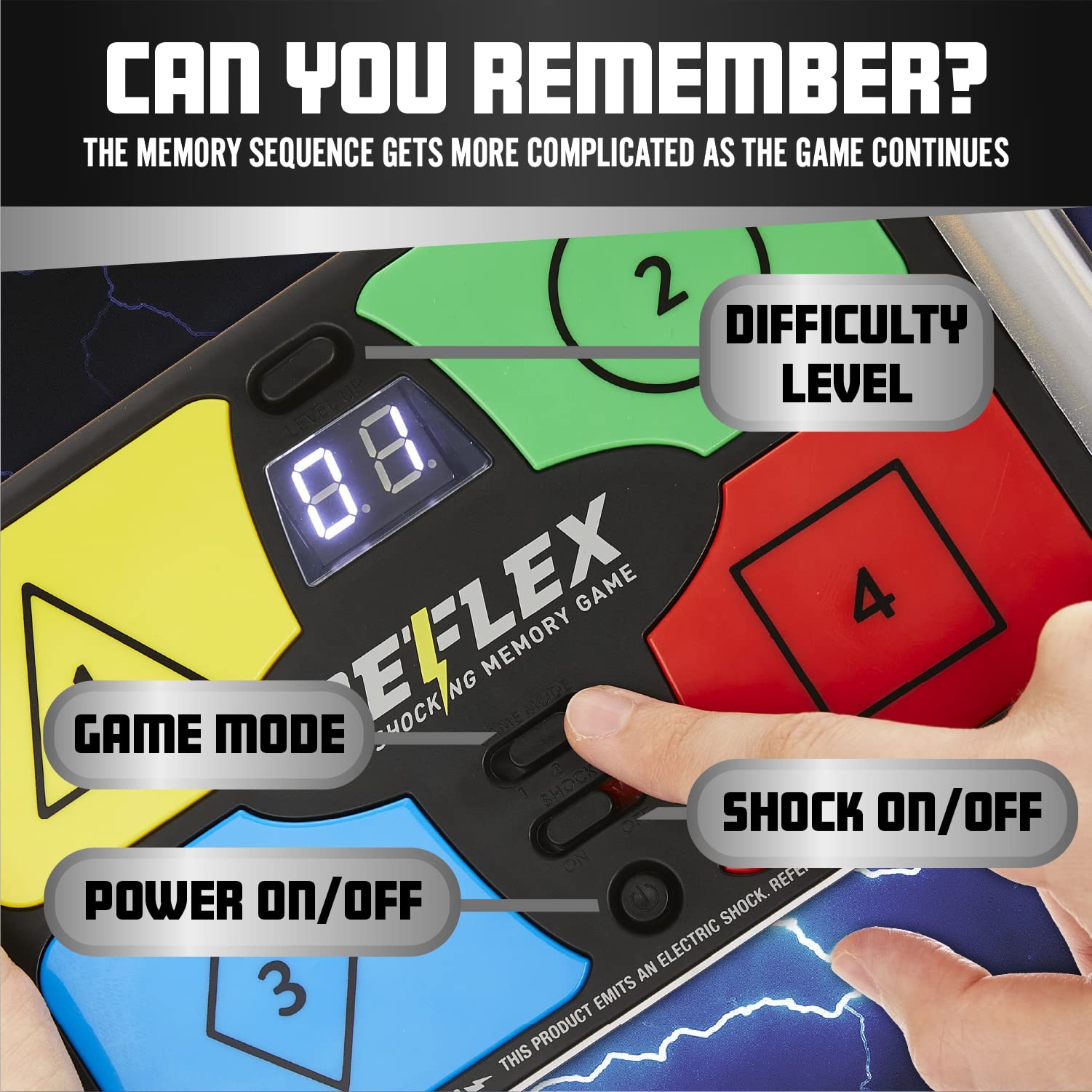 Lightning Reaction Reflex Shocking Memory Game - Electronic Memory Game for Kids and Adults with 3 Game Modes, 5 Levels, and Shock On/Off Switch