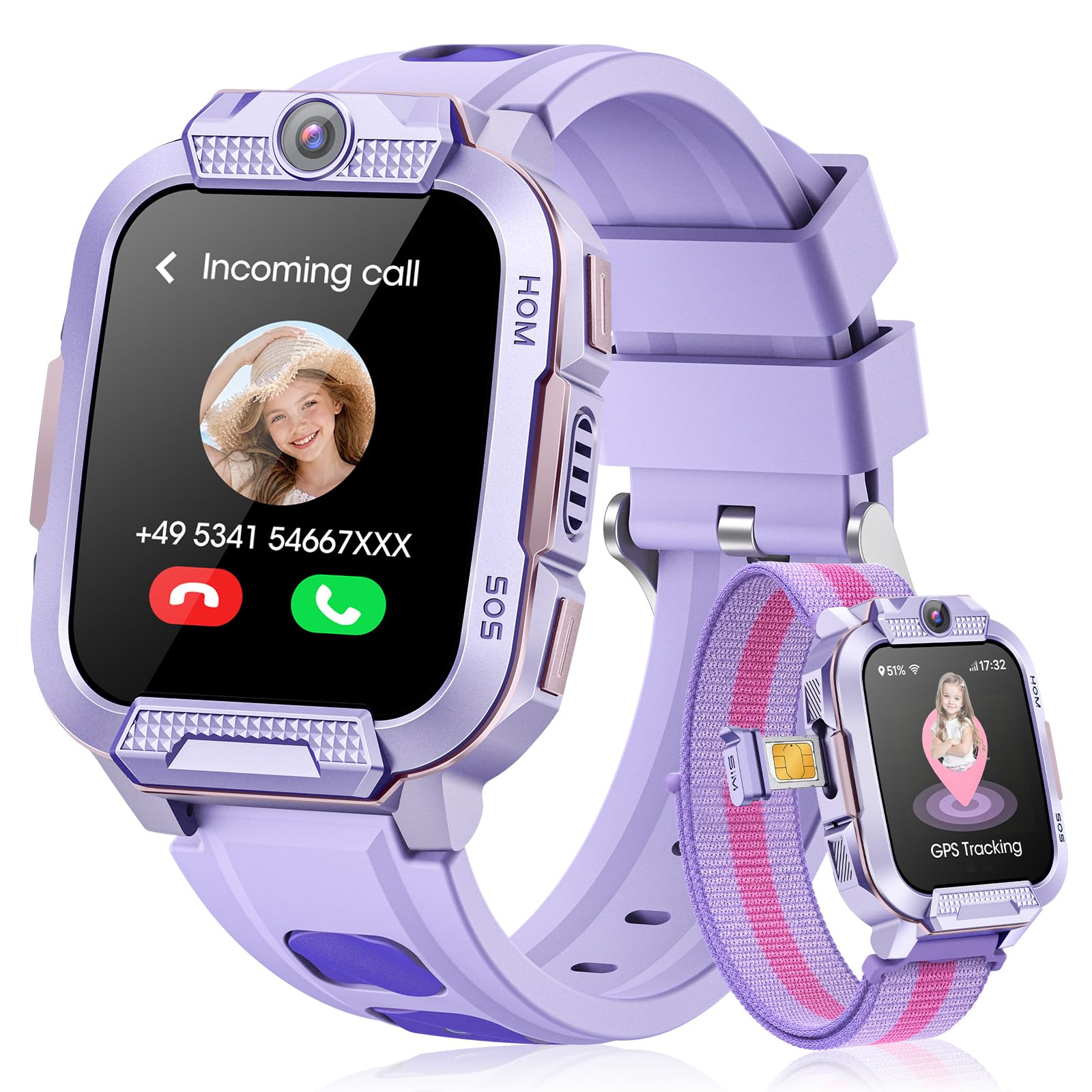 Neue Smartwatch Kinder Videoanruf/GPS/SOS/Schulmodus, Geschenke (Lila)