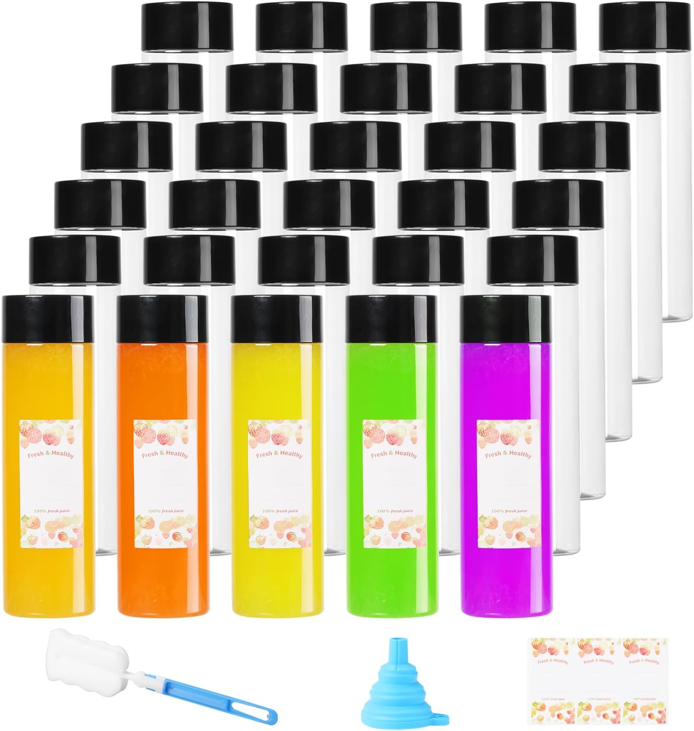 21Pcs 16Oz Round Plastic Juice Bottles with Caps, Empty Reusable Clear Bottles with Leak-Proof Lid, Bulk Water Containers for Cold Drinks, Smoothie and Beverages