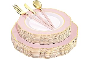 WDF Pink Plastic Plates & Gold Flatware: Baroque Elegance for Upscale Weddings and Parties