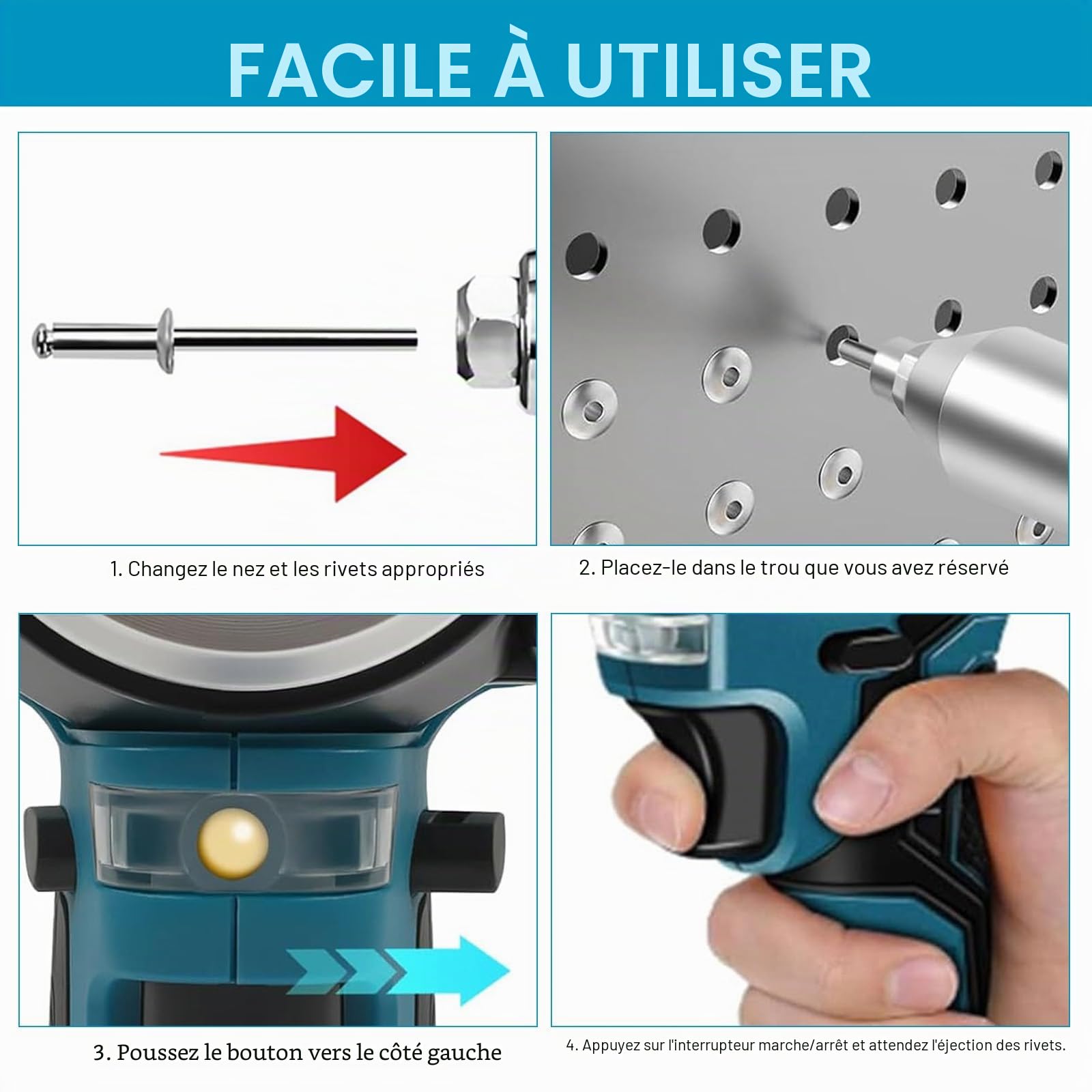 Pince à Rivets Sans Fil, 8000N Pistolet à Rivets Sans Fil avec 2 Batteries Riveteuse Electrique pour Rivets de 2,4-4,8 mm