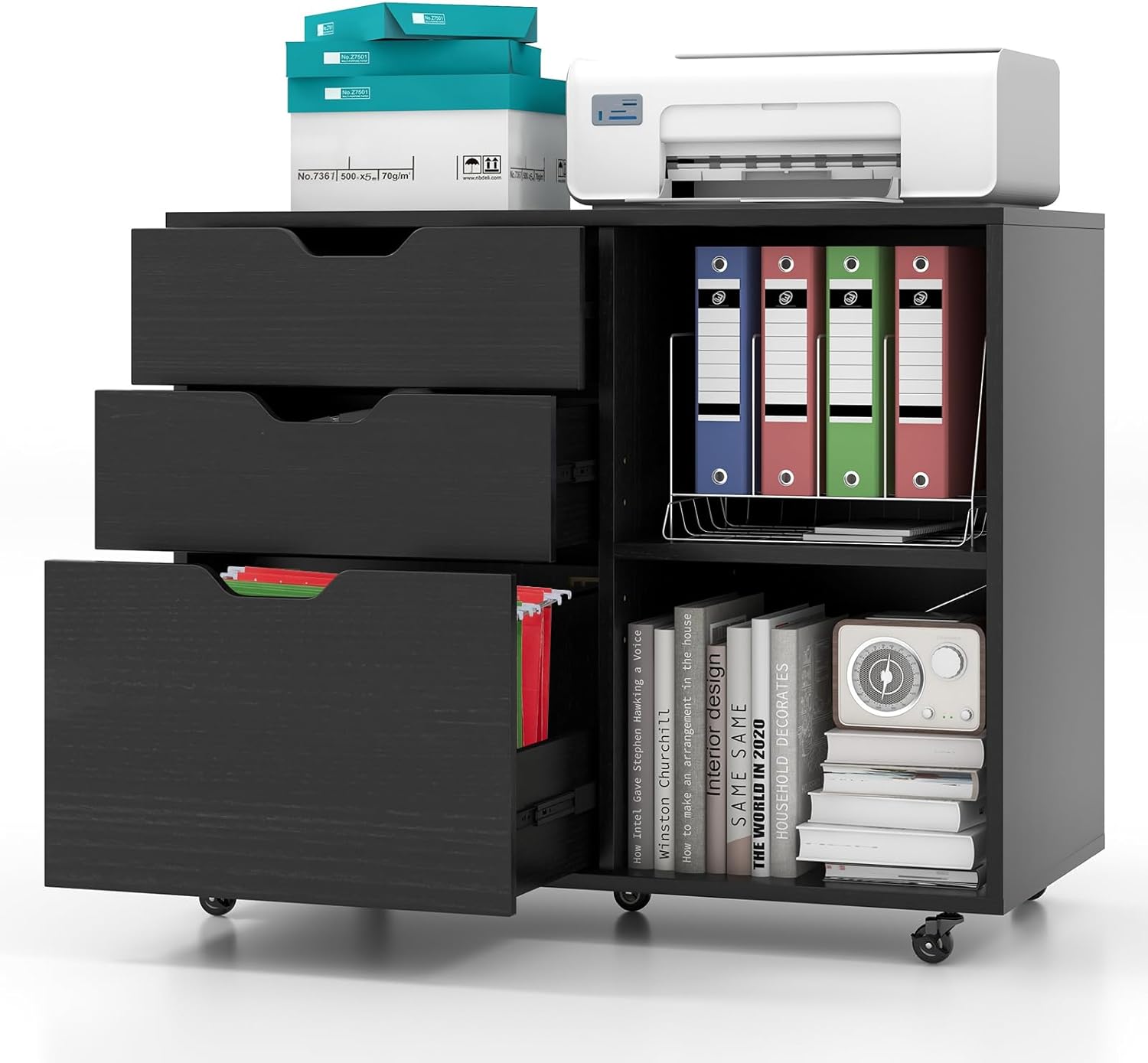 LOKO 3-Drawer File Cabinet, Mobile Printer Stand Cabinet with Adjustable Shelf, Rolling Lateral Filing Cabinet with Wheels for Letter, A4, Legal Size, for Home Office Organization (Black)