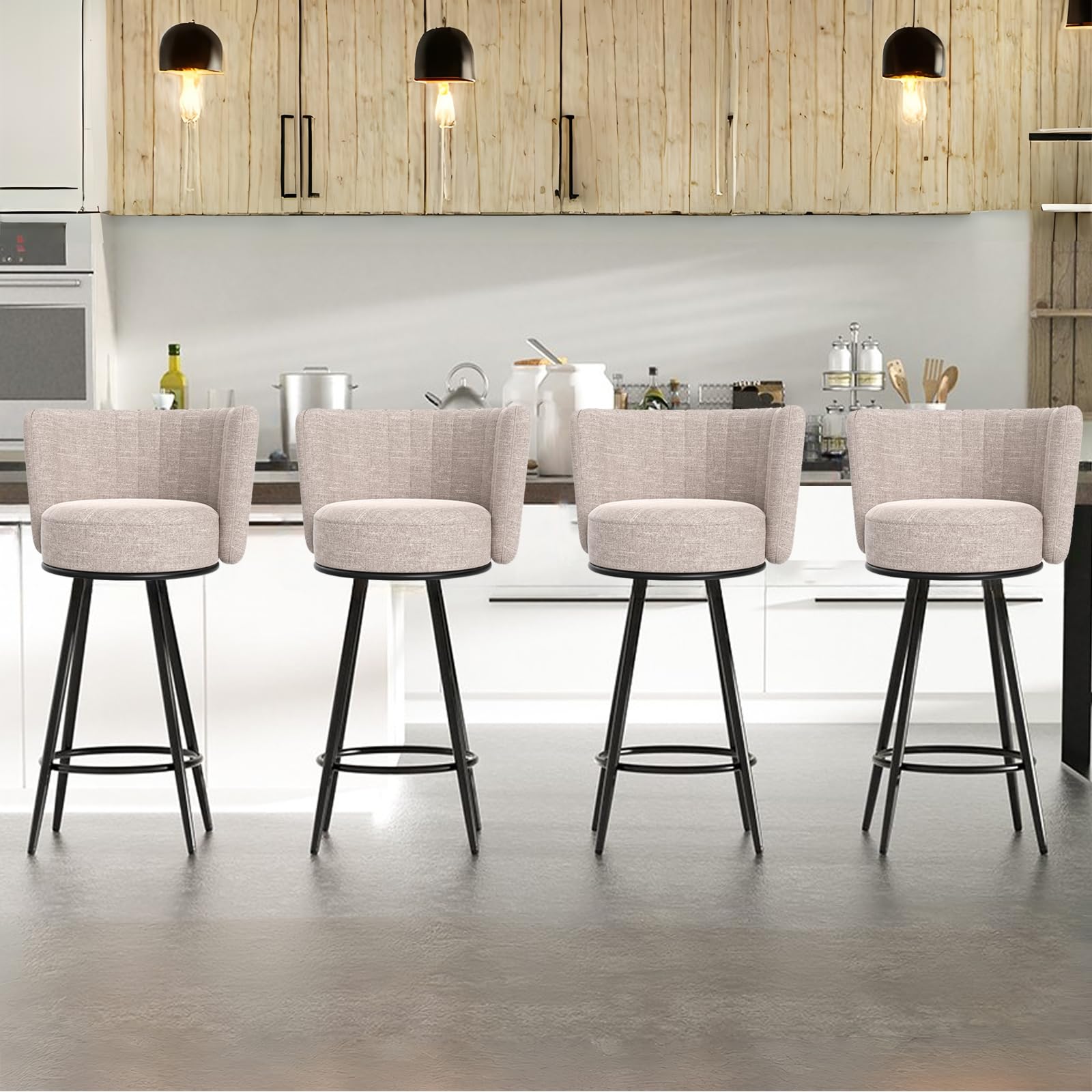 HONIFUR Bar Stools Set of 4, 27" Tufted Modern Counter Height Bar stools, Upholstered Barstools with Back & Footrest Metal Legs, Stools for Kitchen Island, Counter, Cafes, Dining Room(Beige)
