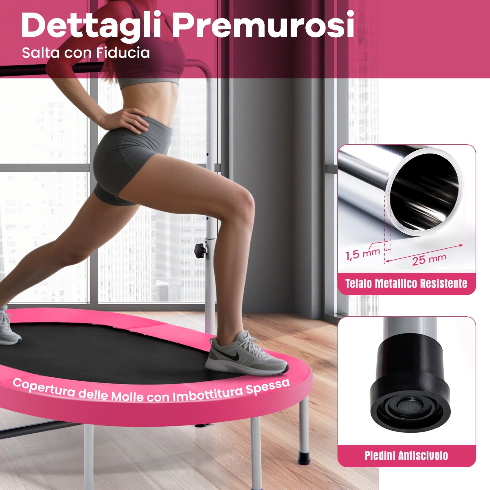 COSTWAY Trampolino Elastico da Interno ed Esterno, Tappetino Elastico Pieghevole per Adulti e Bambini con Maniglia Regolabile, Molle e Cuscinetto di Sicurezza, Trampolino Ovale per 2 Persone