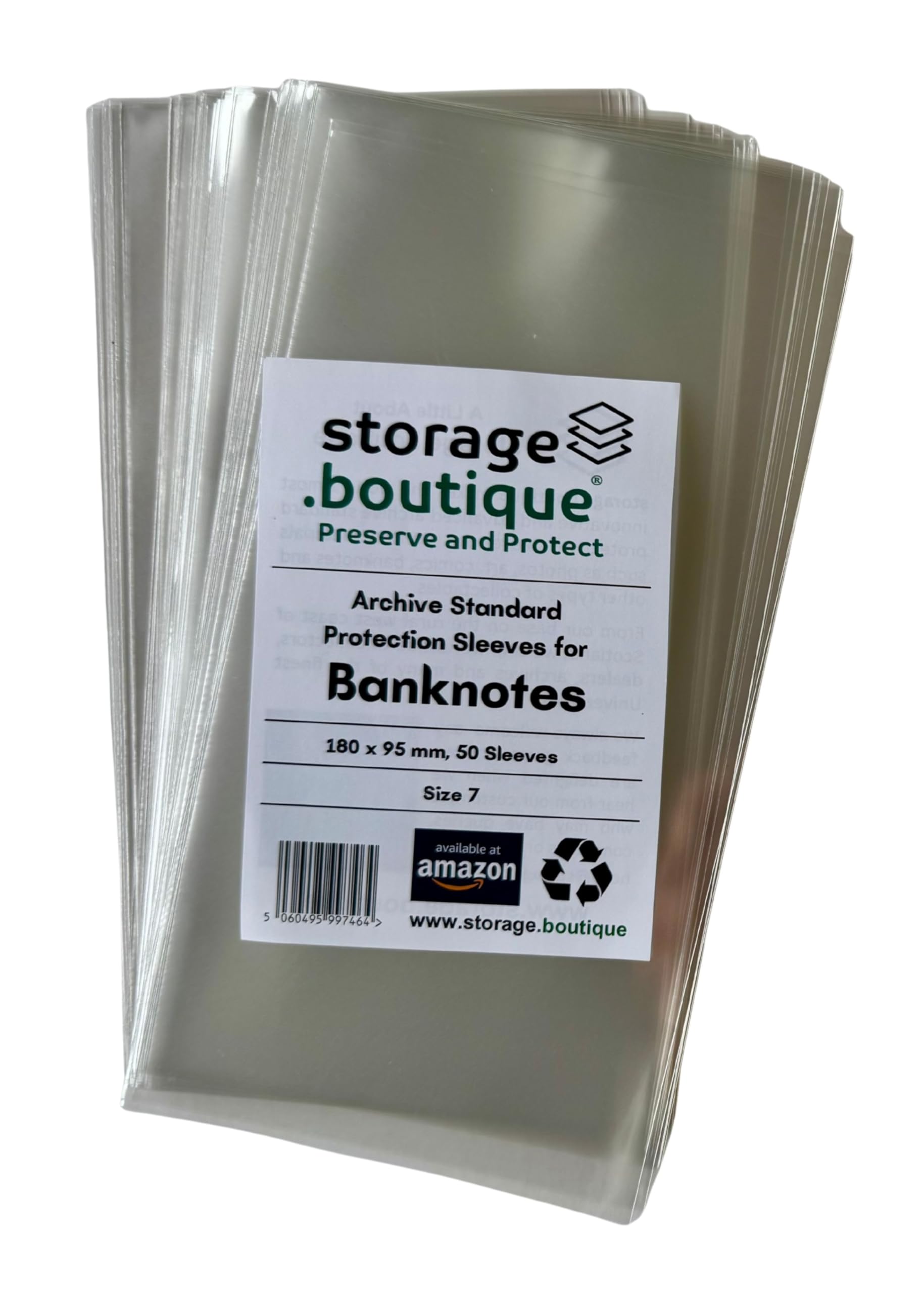 storage.boutique BANKNOTE Protection Sleeves, Archive Standard, Acid Free, Size 7, 180 x 95 mm, 50