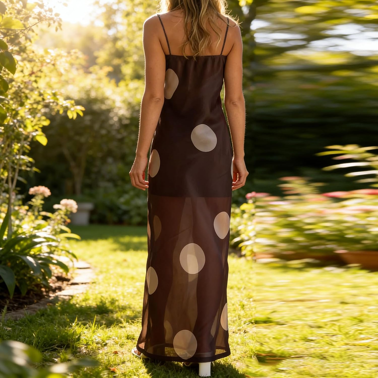 Muineobuka Women Polka Dot Elegant Long Dress Square Neck Spaghetti Strap Sheer Mesh Slim Maxi Dresses - Image 4