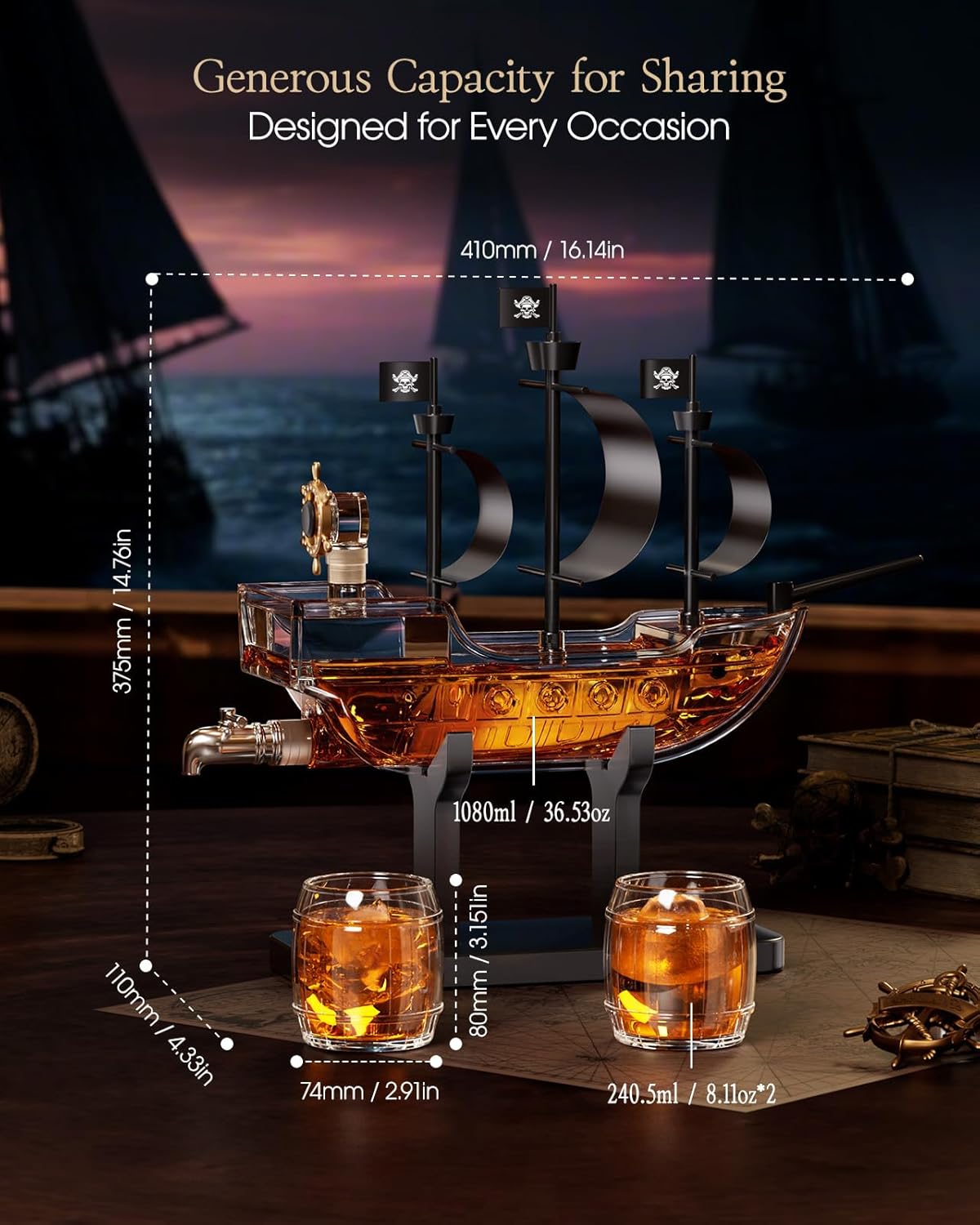 Kollea Birthday Gifts for Men Dad, Pirate Ship Whiskey Decanter Set with 2 Glasses, Liquor Dispenser for Home Bar, Funny Gift Ideas for Him, Husband, Father, Boyfriend, Christmas, Sailor & Captain - Image 5