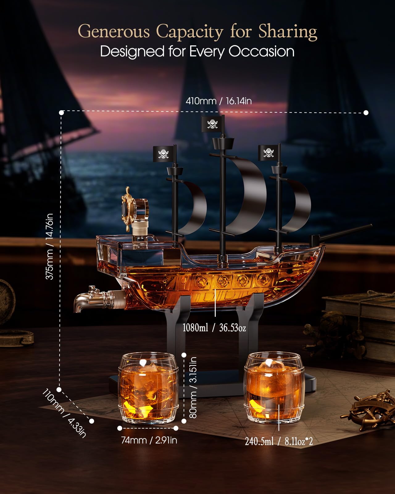 Kollea Birthday Gifts for Men Dad, Piratenschiff Whisky Dekanter Set mit 2 Gläsern, Spirituosenspender für Home Bar, lustige Geschenkideen für ihn, Freund, Jubiläum, Seemann & Kapitän