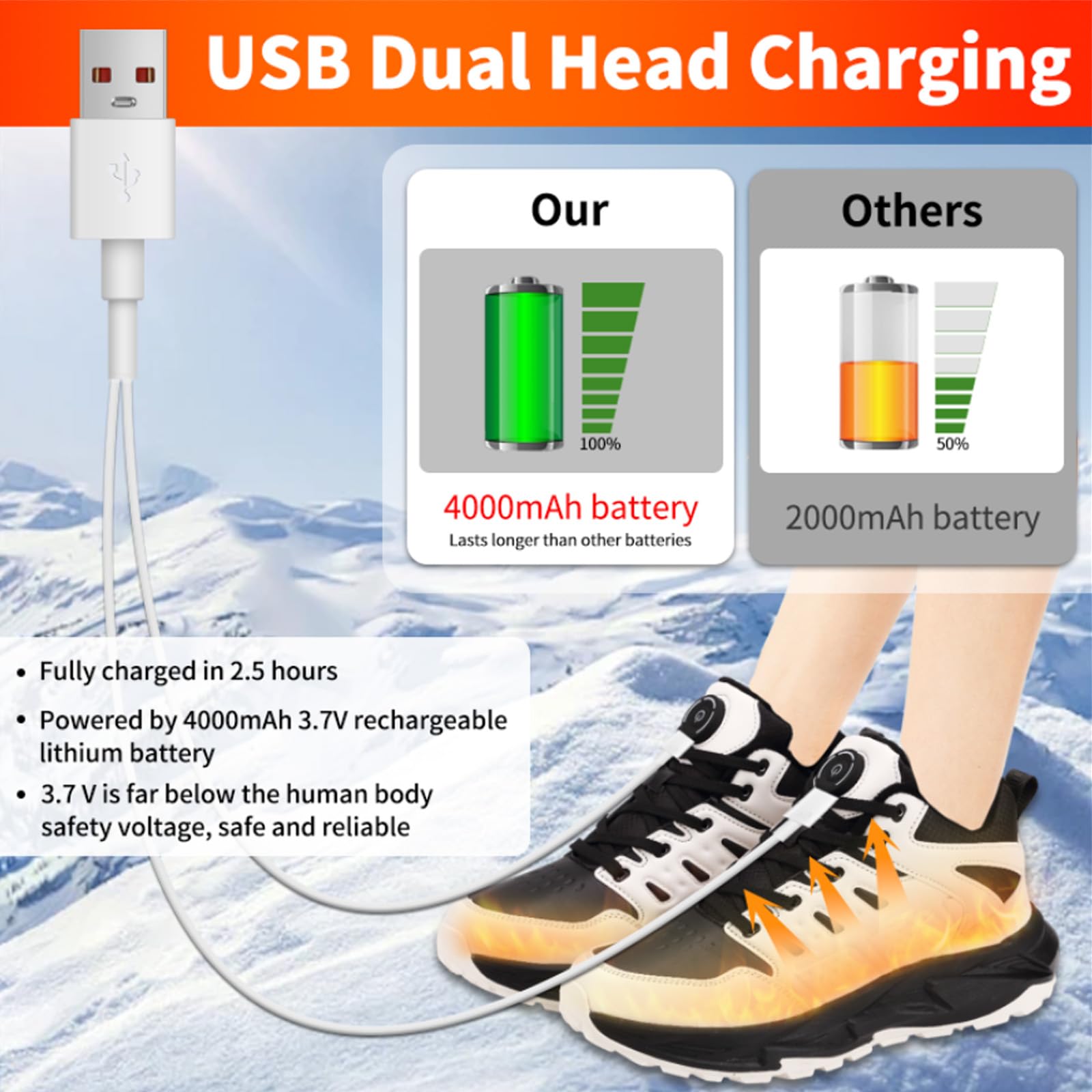Chaussures de randonnée pour homme et femme - Chaussures d'hiver chaudes - Chaussures chauffantes rechargeables - Chaussures basses de trekking