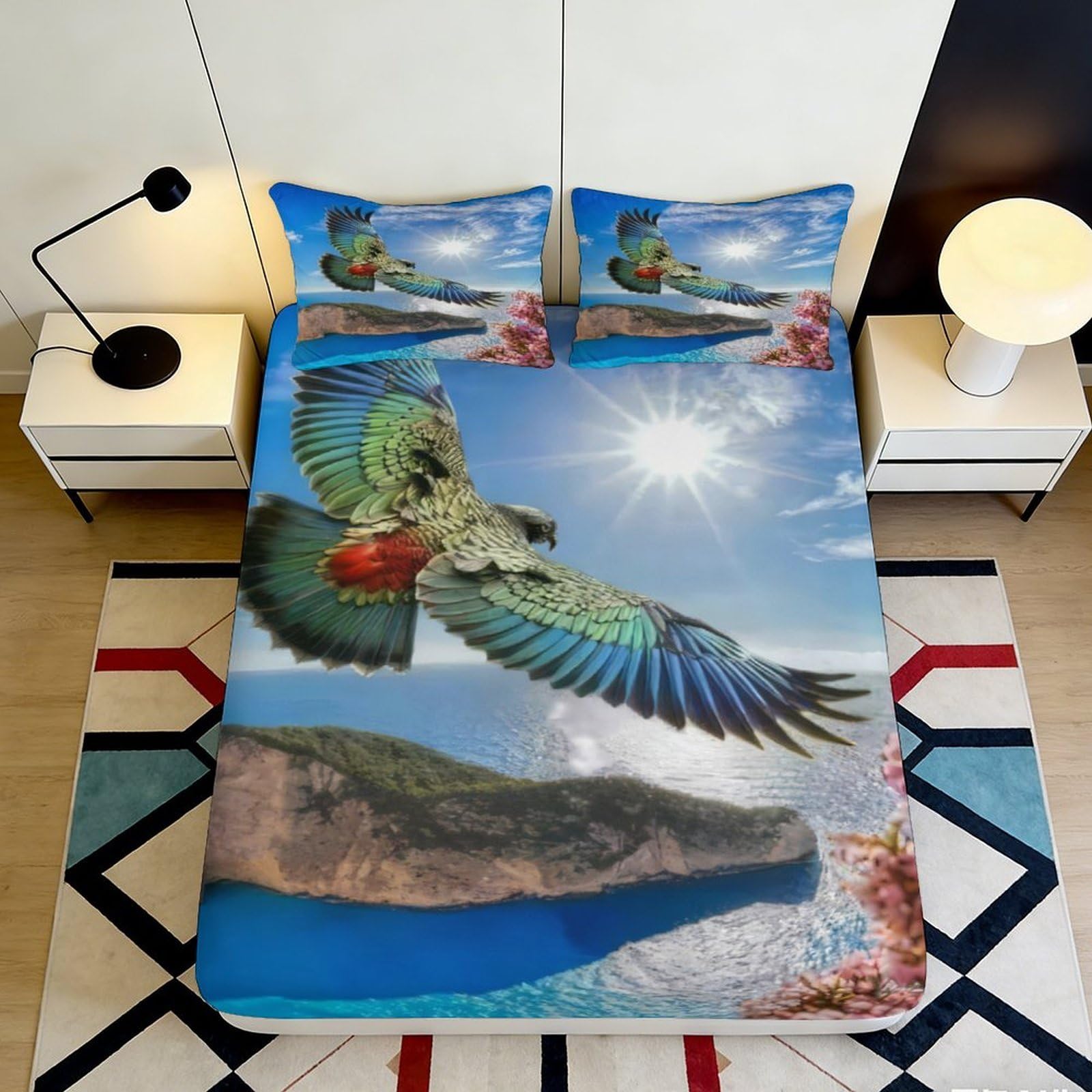 Uxinyoume Style-5 3D Printed Parrot Flight Fitted Sheet Microfiber Soft Blue Sky Island Mattress Cover For Bedroom Dorm Bed Décor 90X200x25cm