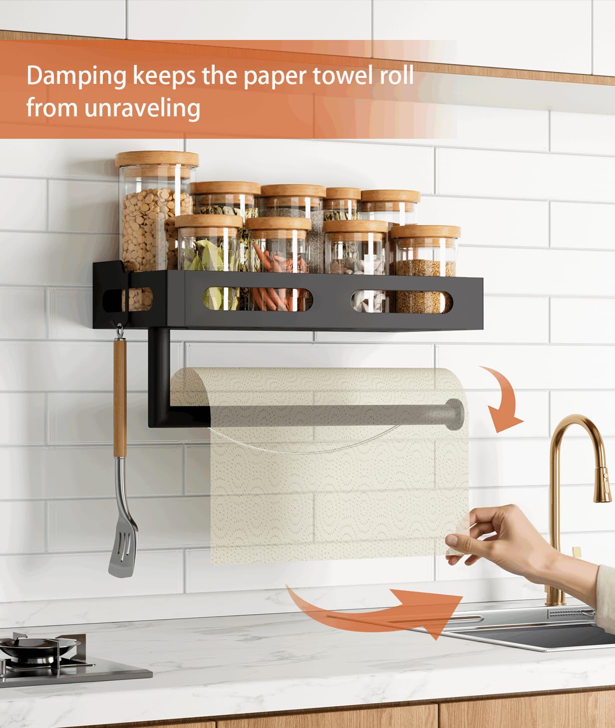 Soporte de pared para toallas de papel para cocina, lágrima con una sola mano, soporte para toallas de papel de baño con estante, estante para especias y toallero de papel para caravana, soporte para 4