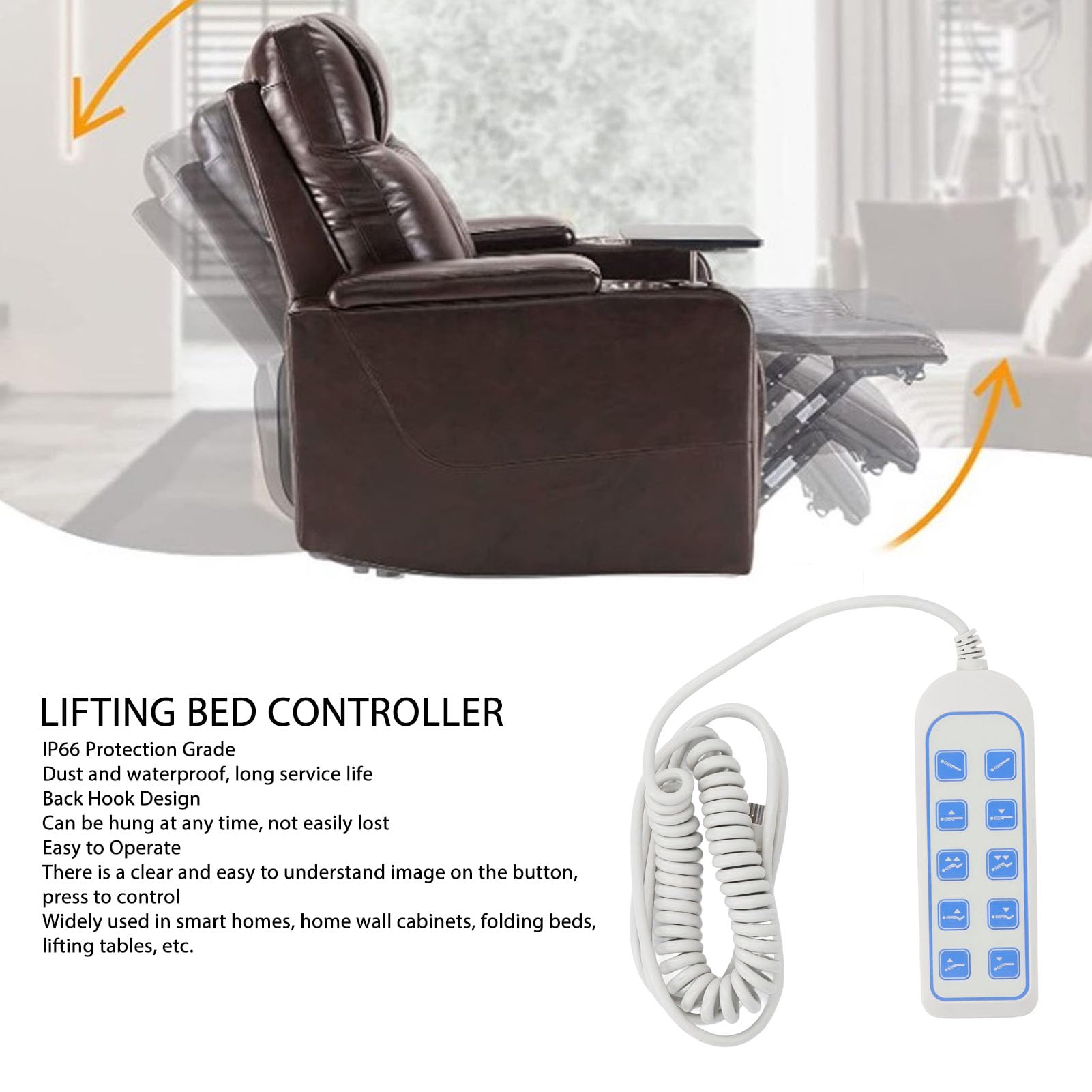 Lift Chair or Power Recliner Hand Control, Lift Chair Hand Controller IP66 Lifting Bed Remote Control Electric with 8 Pin 9 Core Plug for Lift Chairs Power Recliners